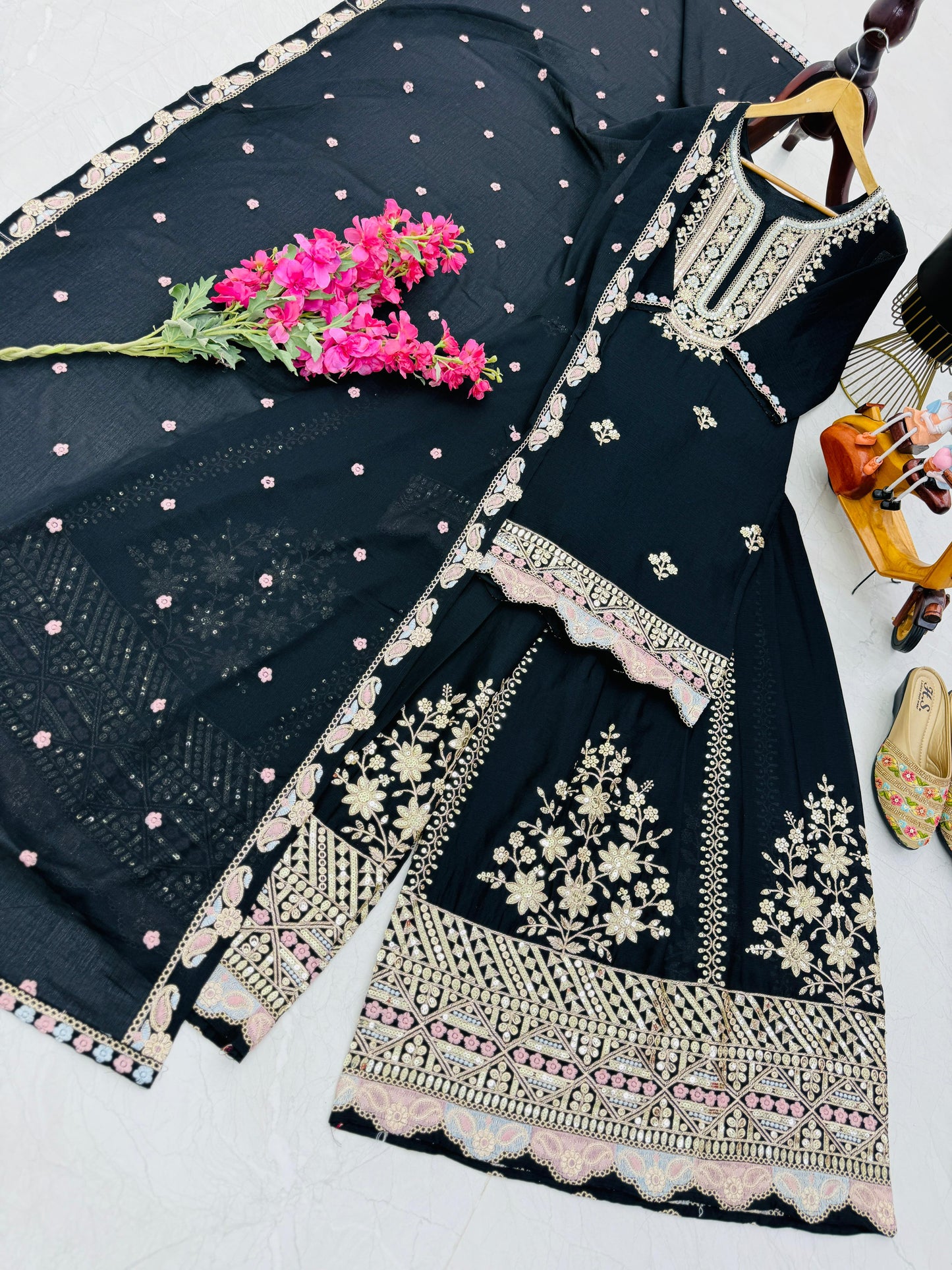 Designer Party Top Sharara & Dupatta Set in black color