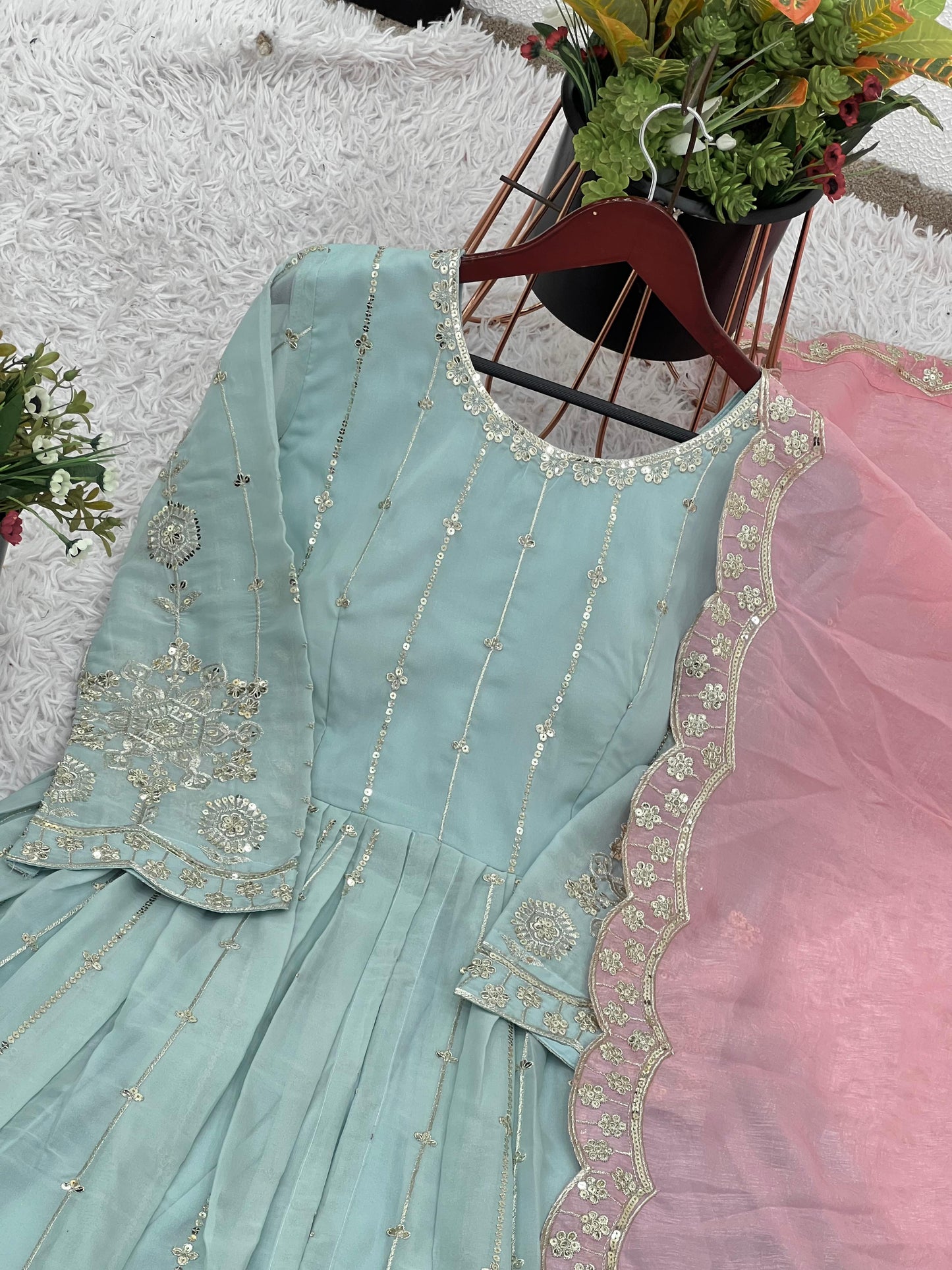 Sky BLue Color Beautiful Partywear Lehenga Dress