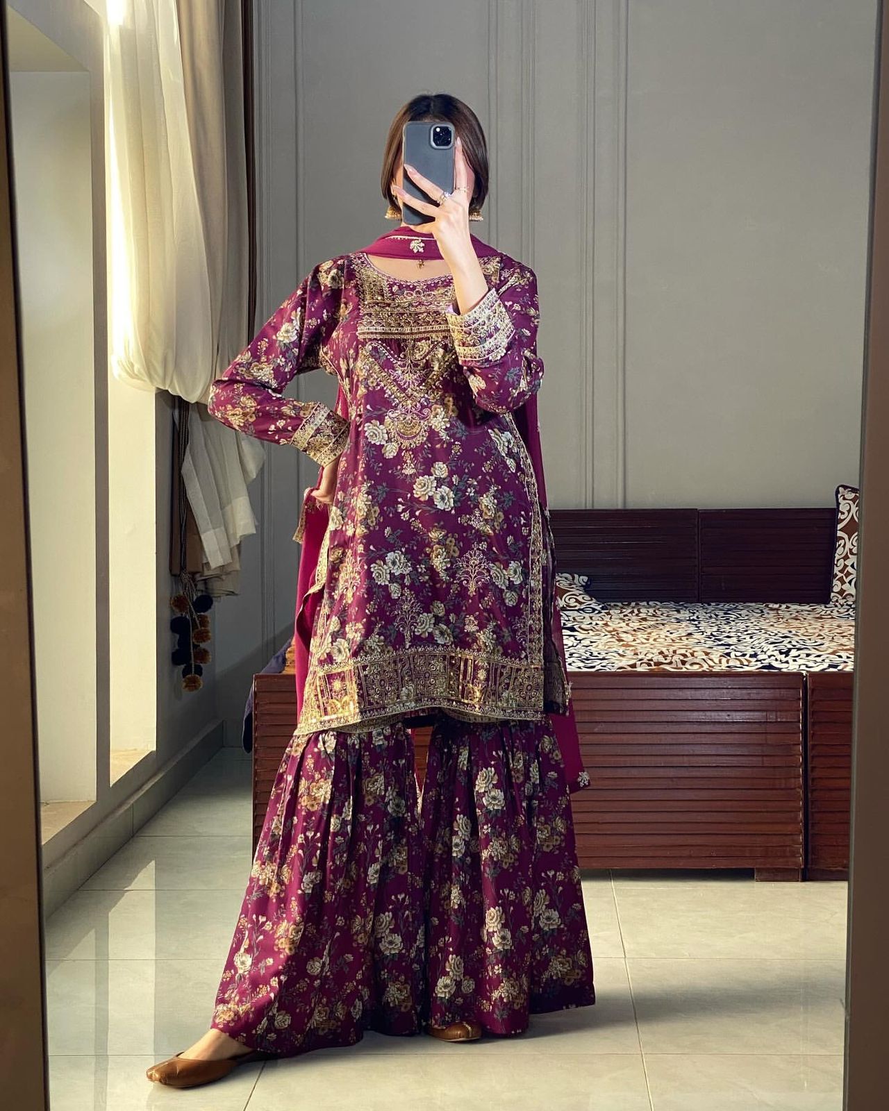 3 piece fancy printed kurti with beautiful sharara and lovely dupatta