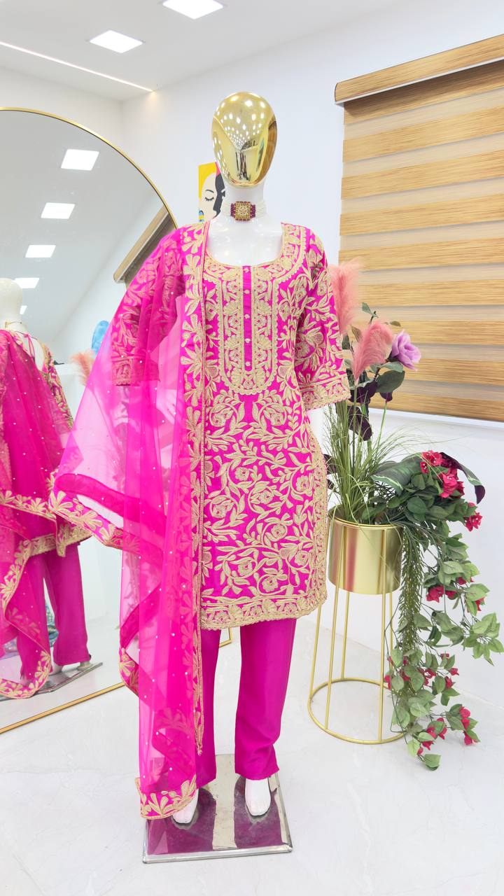 Pink Color PArtywear Dress in Chinon Fabric