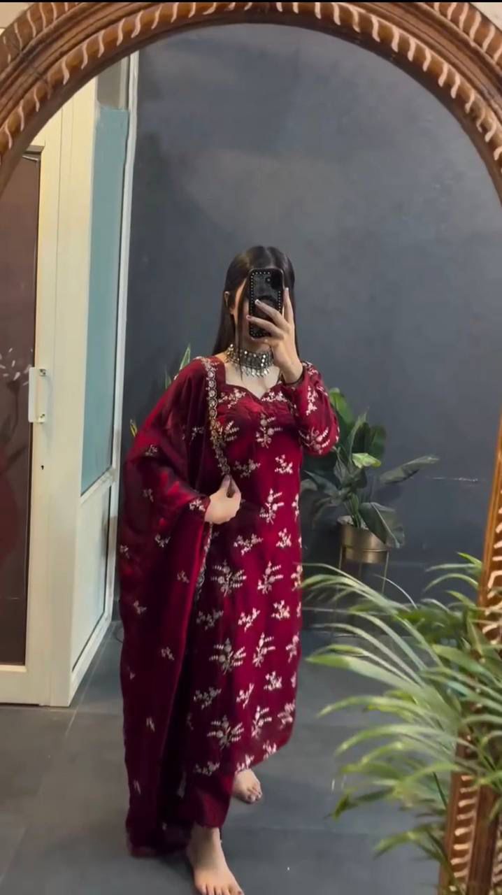 Red color partywear dress in silk fabric
