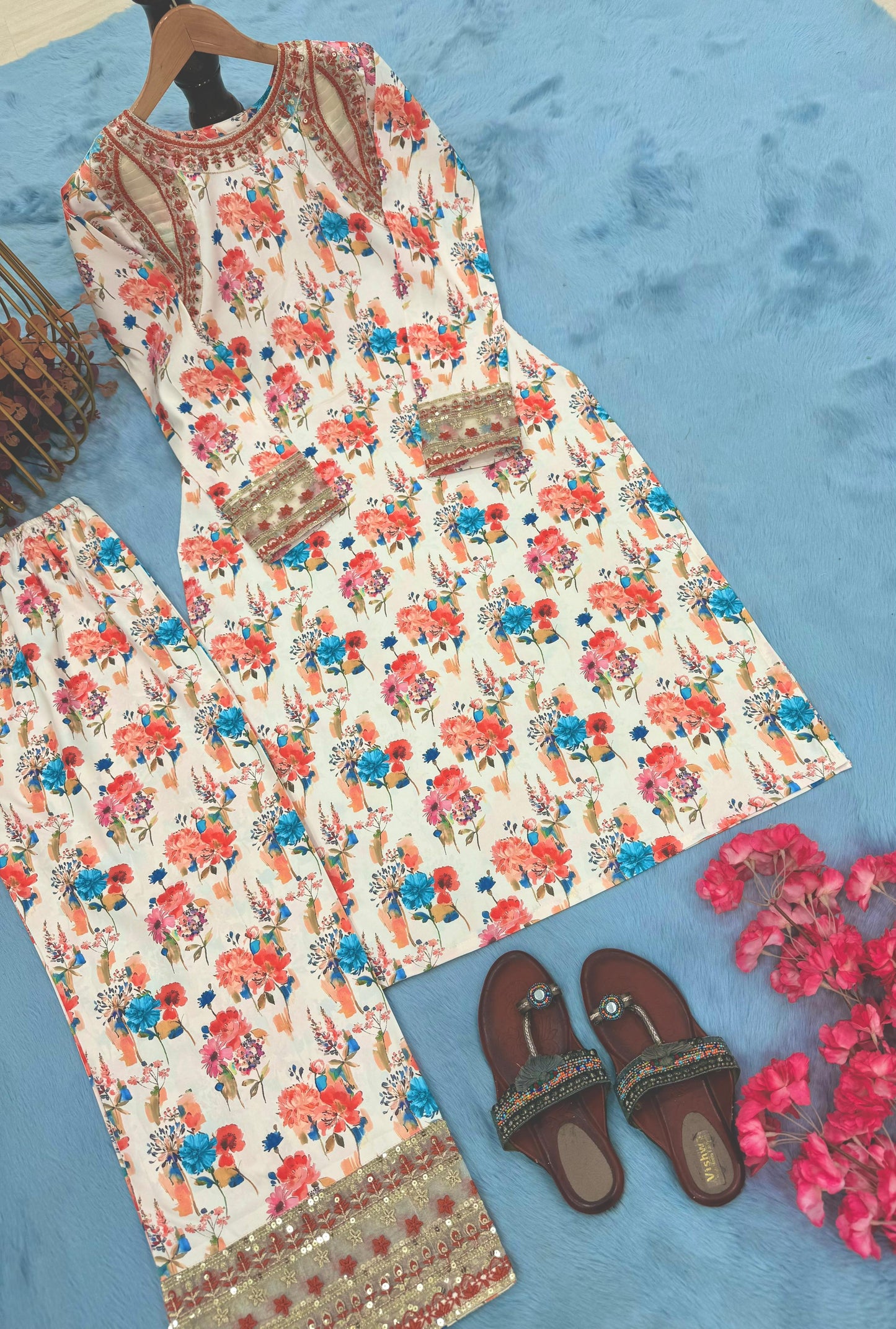 party wear look pur natural crepe printed & embroidered co-ords set