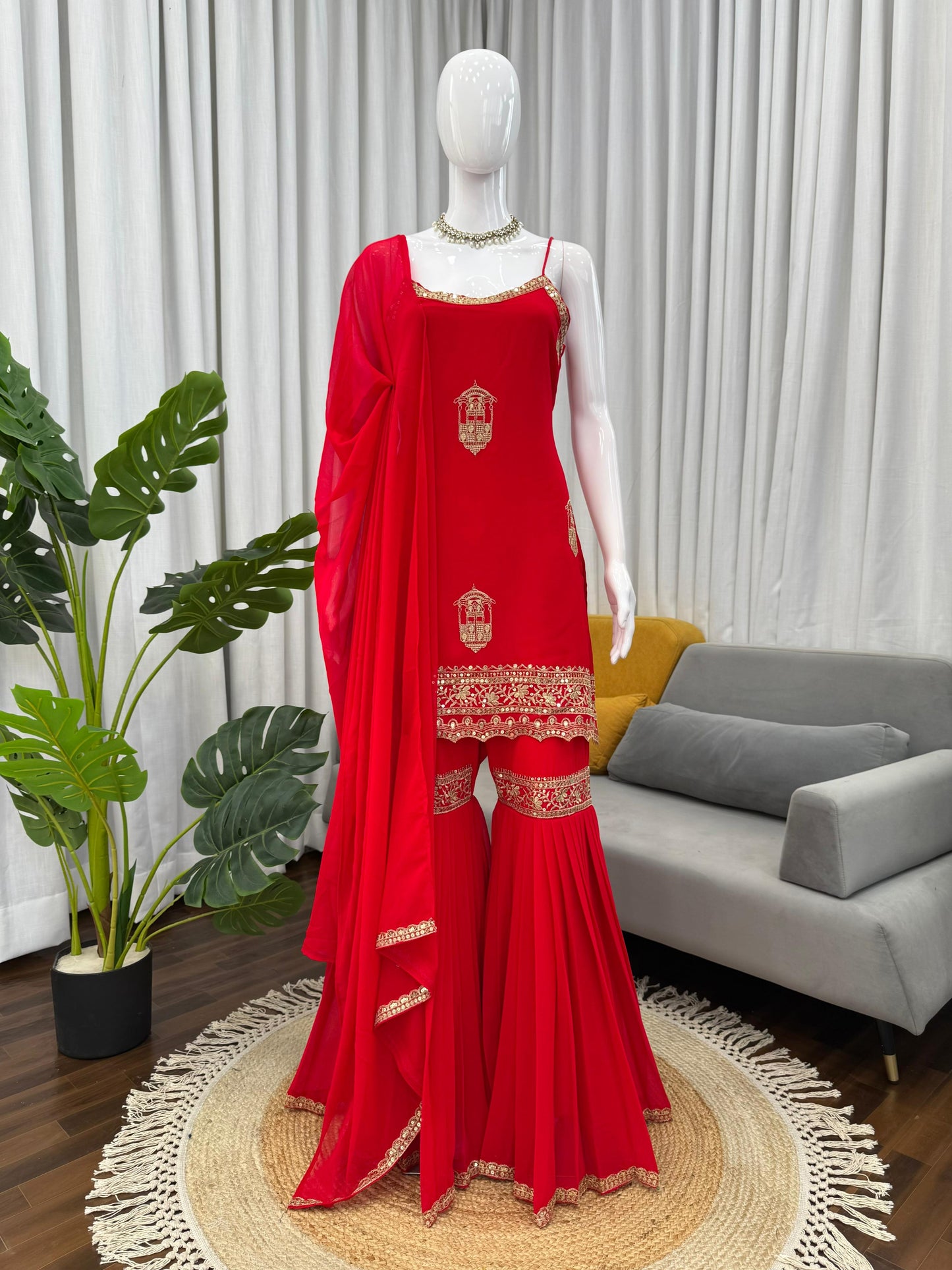 designer sharara set in red colour for karva chauth