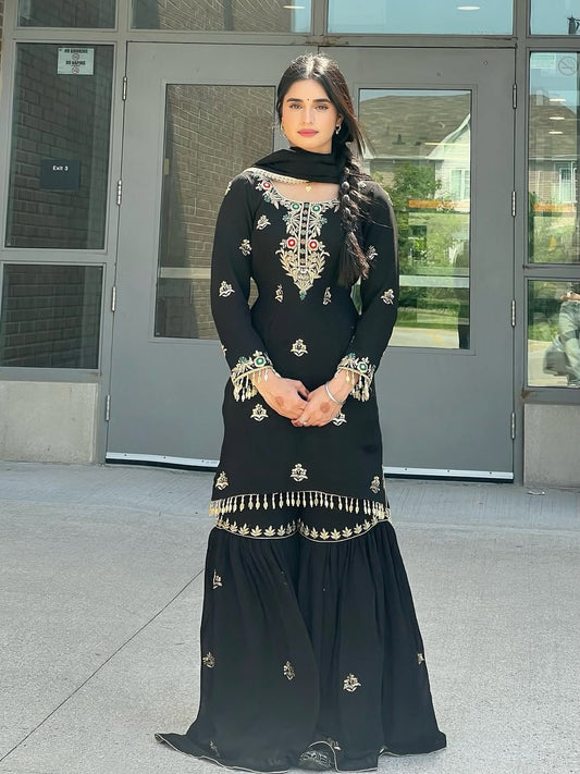 Party Wear Look Top-Sharara And Dupatta With Heavy Embroidery Sequence Work in black color