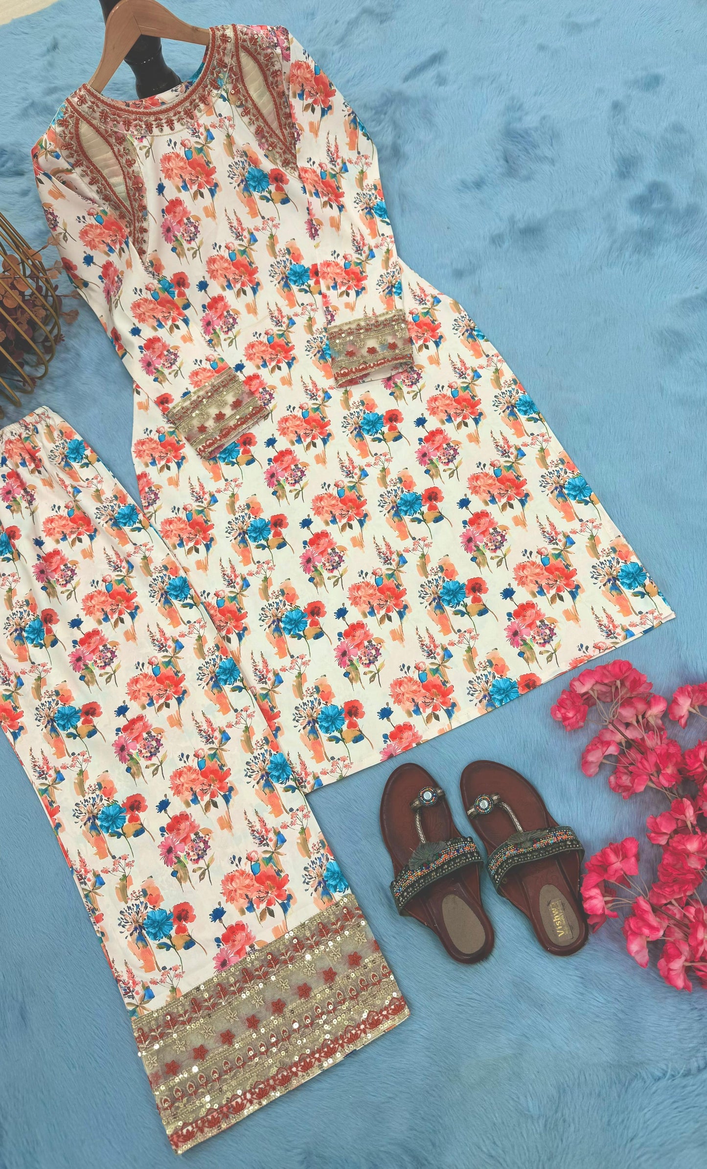 party wear look pur natural crepe printed & embroidered co-ords set