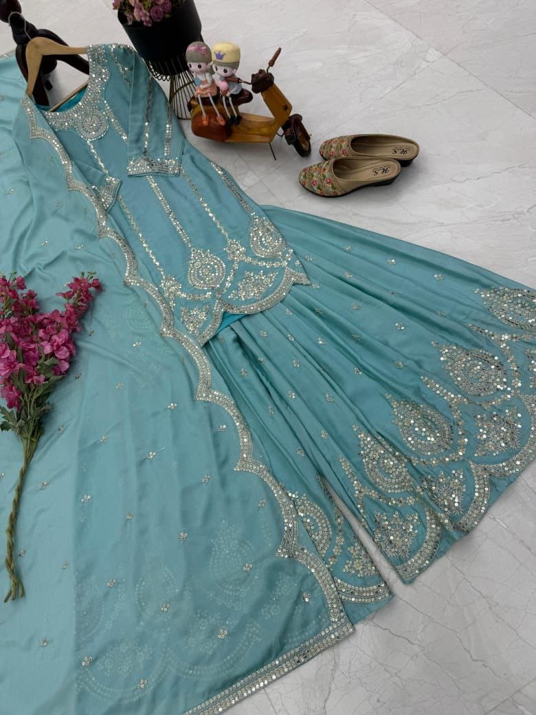 Designer Party Top Pallazo & Dupatta Set in sky blue color