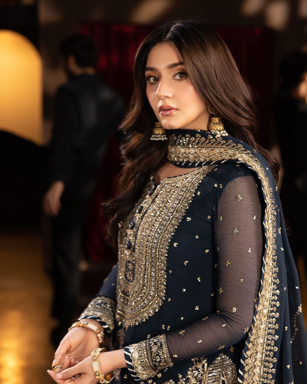 Navy BLue Color Embroidery Sequence Work Top-Sharara And Dupatta Set Fully Stitched