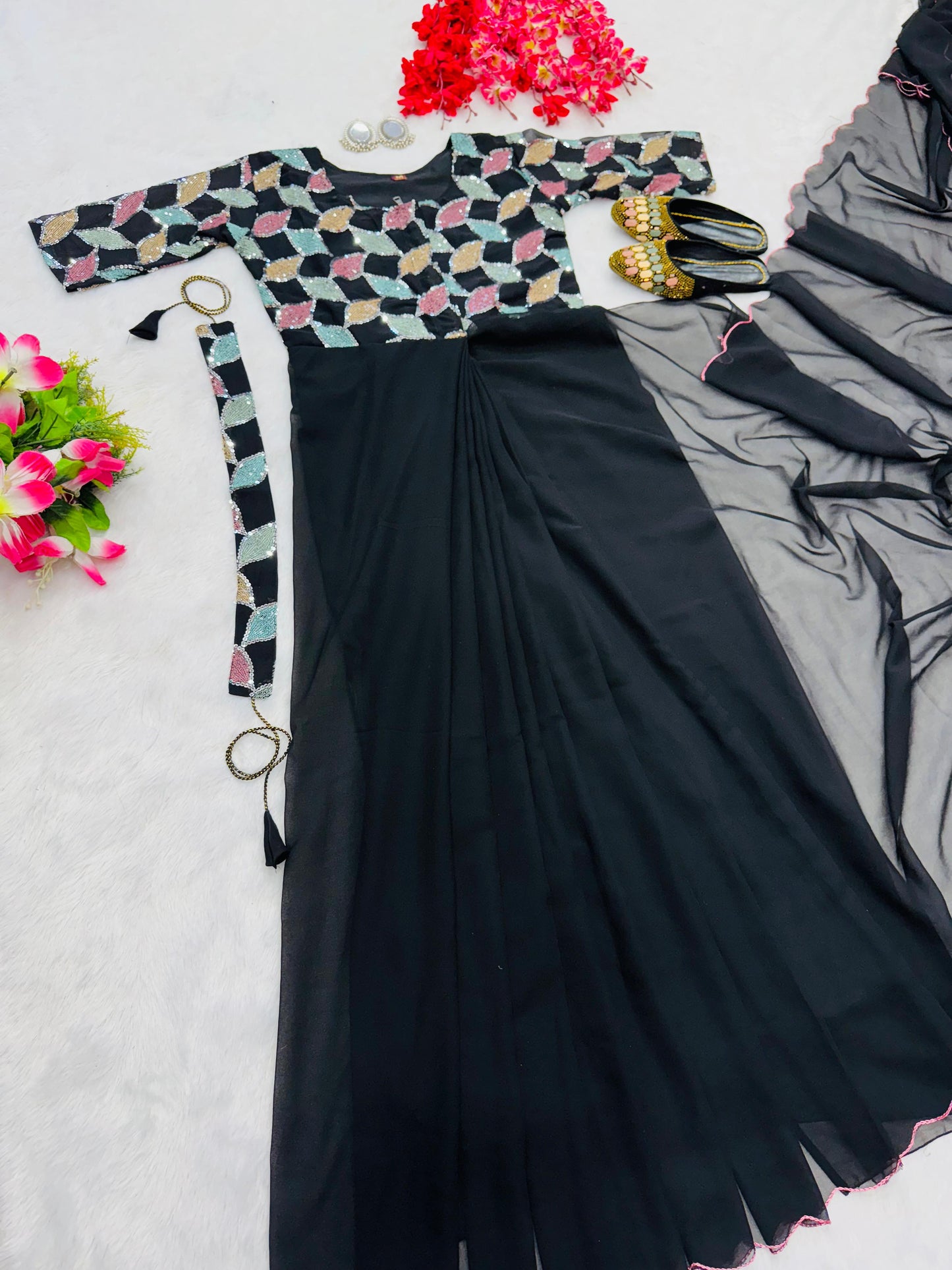 black color beautiful trending zip nd go embroidery saree