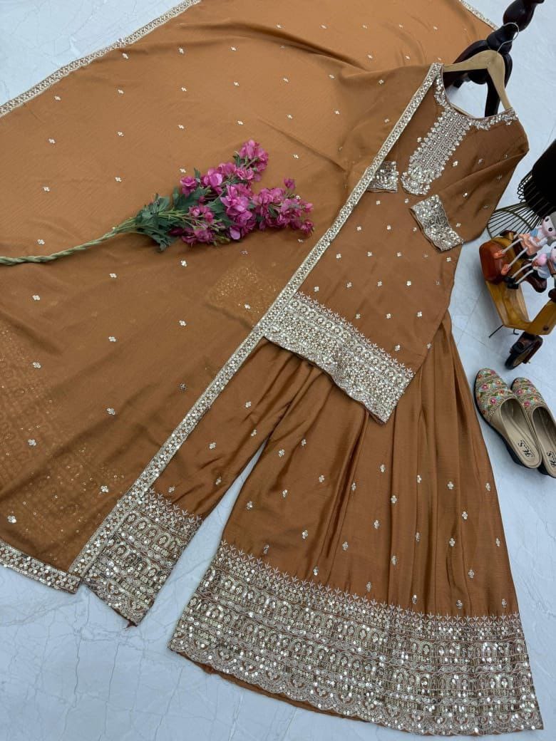 Designer Party Top Pallazo & Dupatta Set in brown color