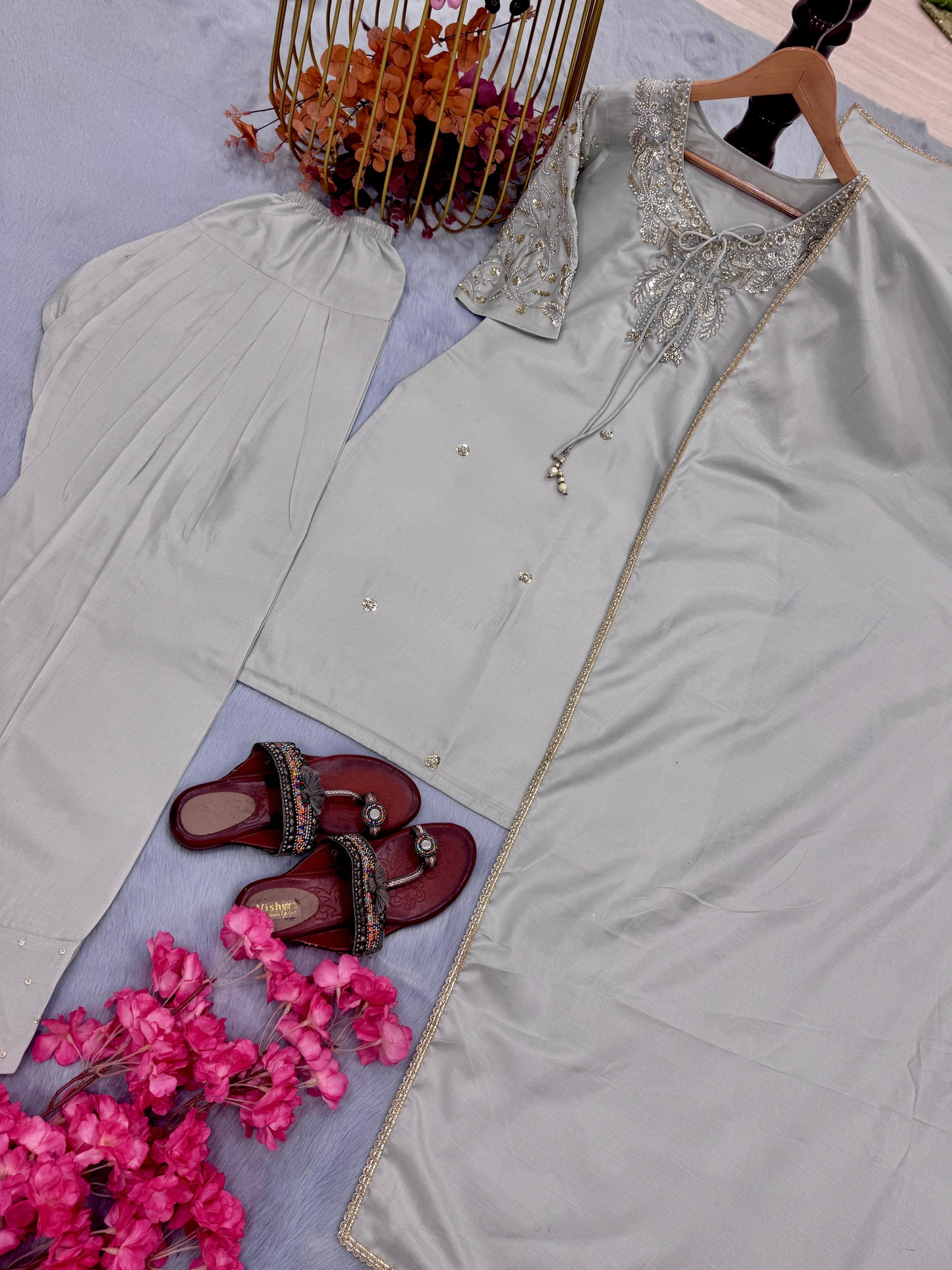 Party Wear Look Pur Natural Crepe Top & Farshi Palazzo With Dupatta Set