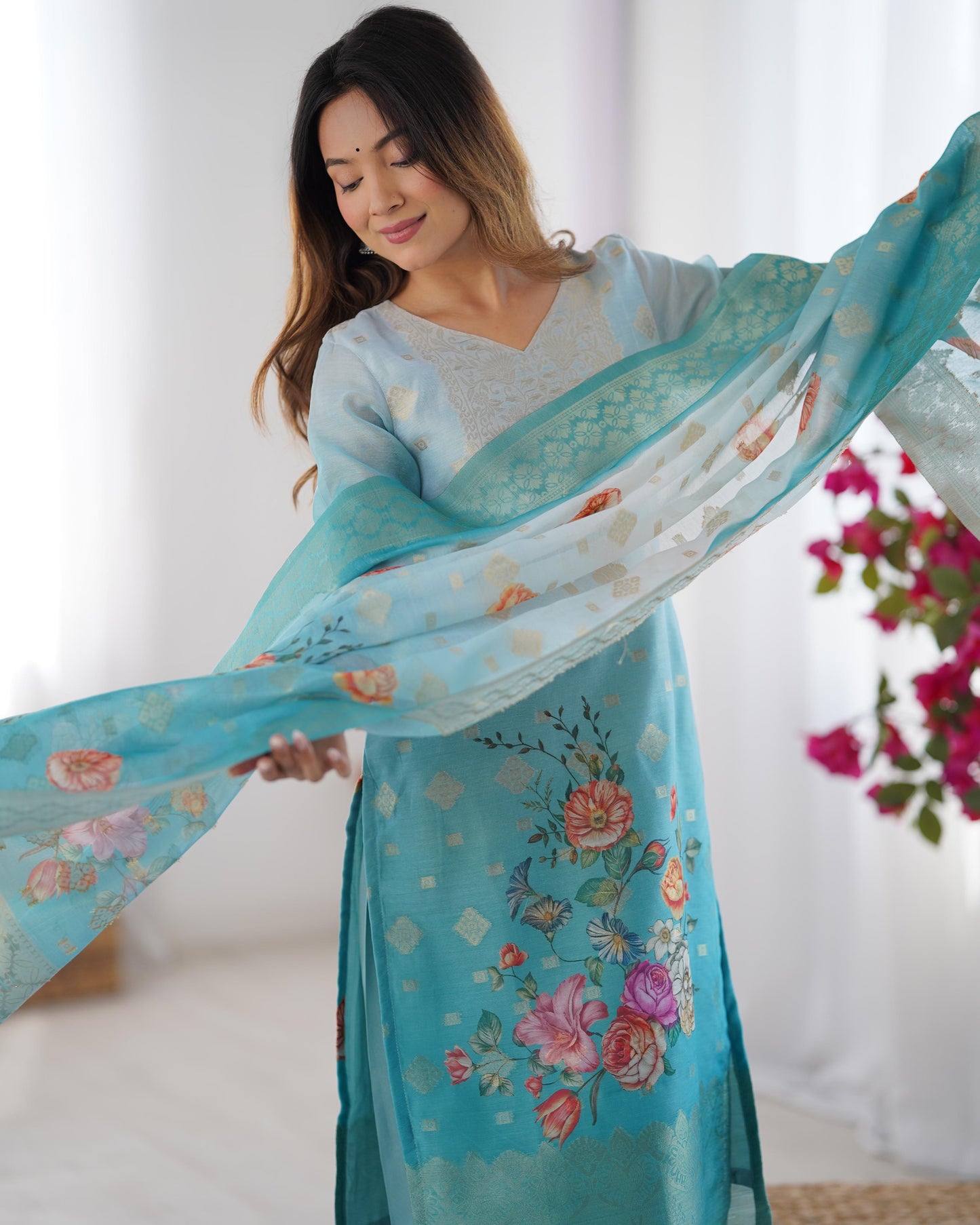 White and Sky blue Color Beautiful Chanderi Silk FAbric Dress