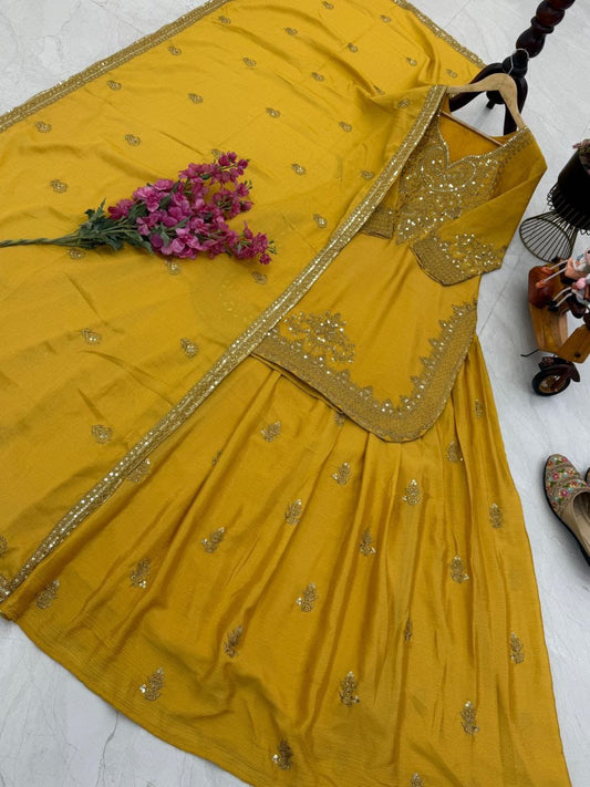 Yellow Color Beautiful Sharara Suit in Chinon FAbric