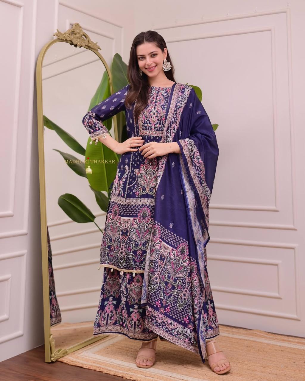 designer wear trending top with printed work with hand work with plazo and dupatta set