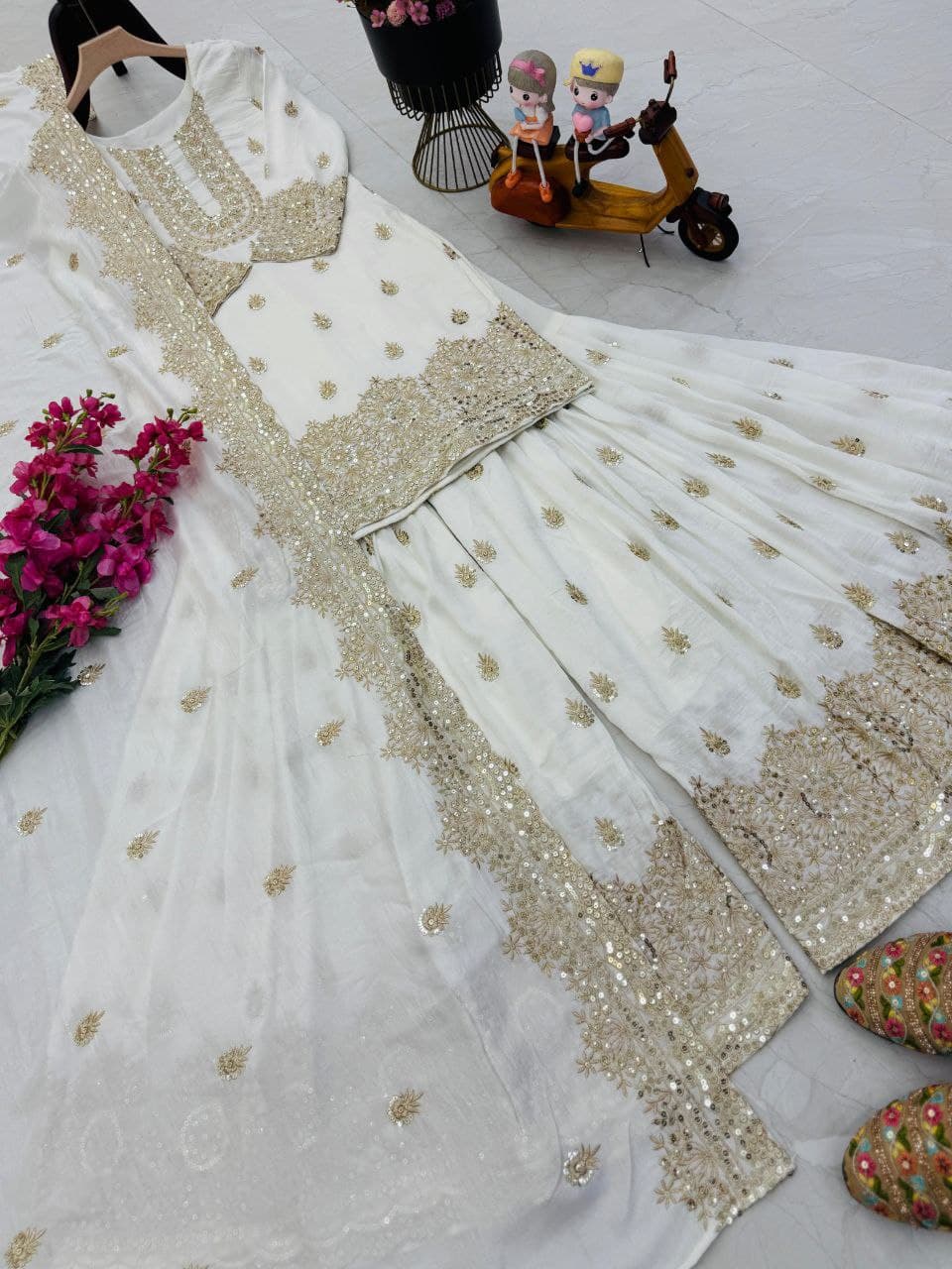 White Color Beautiful Sharara Suit in Silk Color
