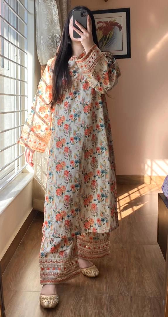 party wear look pur natural crepe printed & embroidered co-ords set
