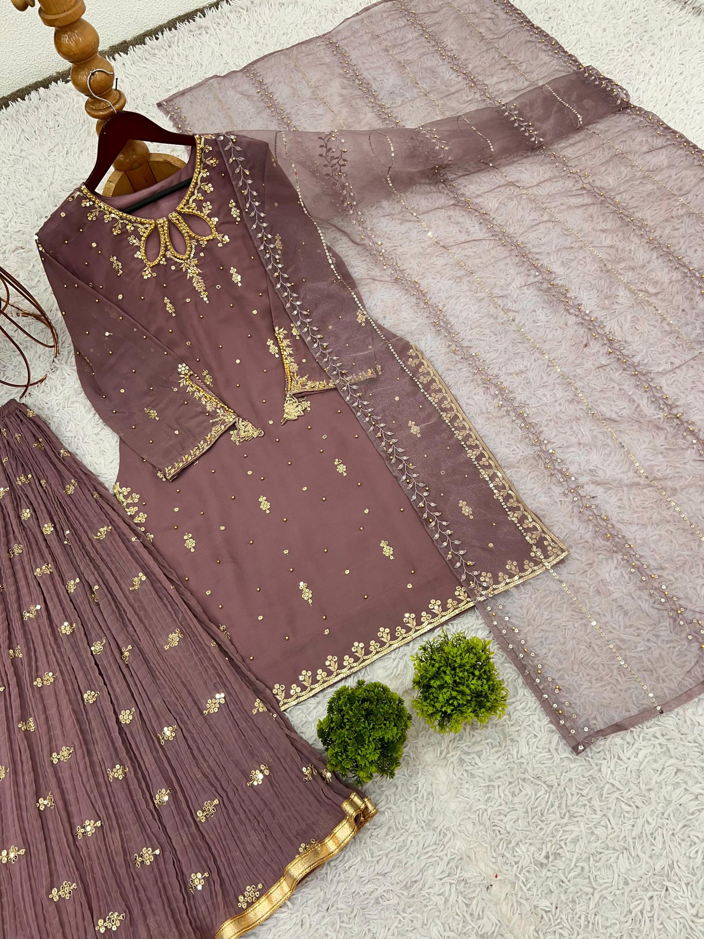 Georgette With Heavy Embroidery Sequence Work Top-Bottom And Dupatta Set