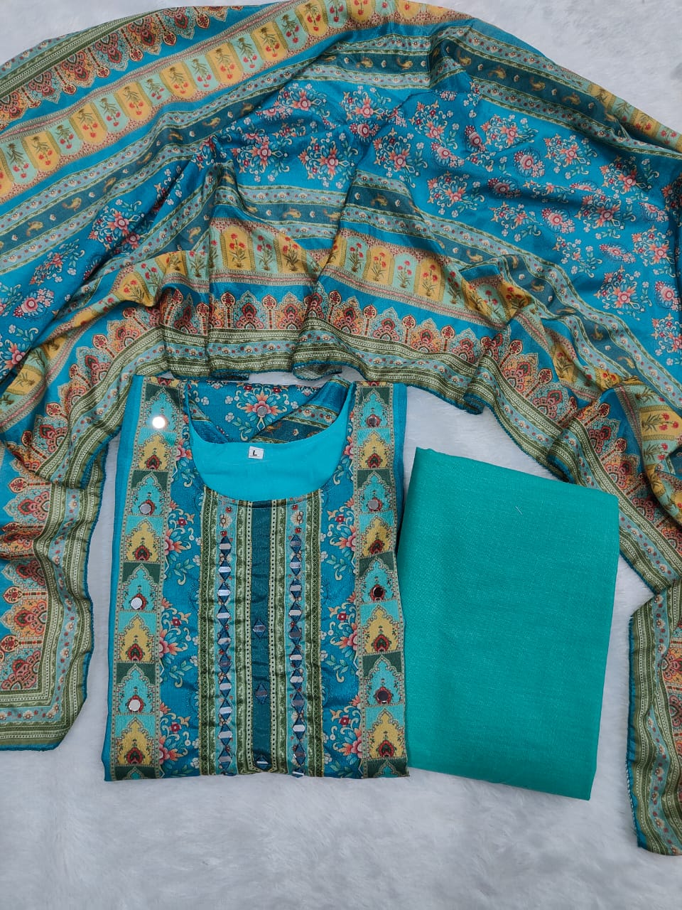 Trending Top With Printed Work With Mirror Work With Top Bottom And Dupatta Set