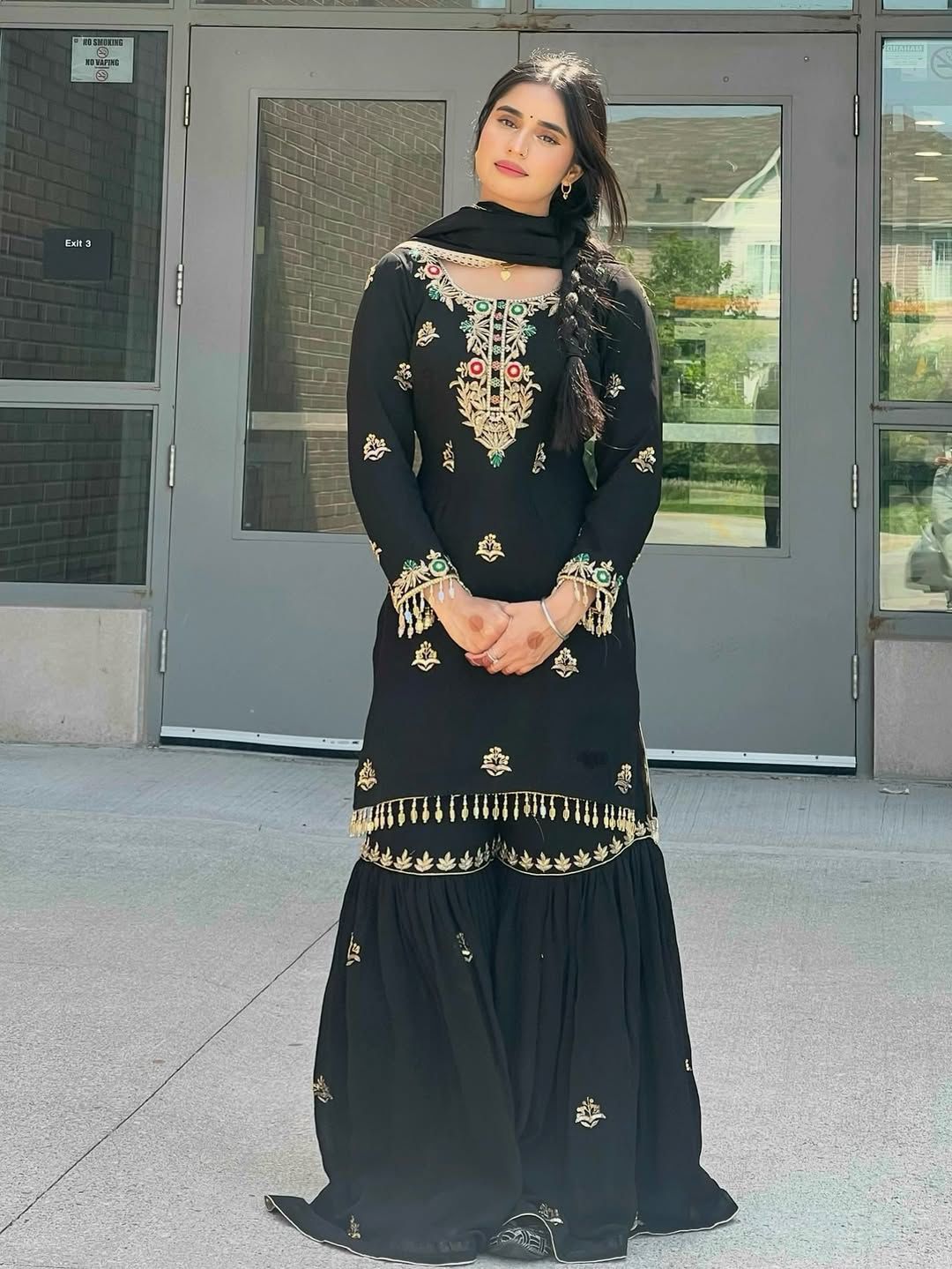Party Wear Look Top-Sharara And Dupatta With Heavy Embroidery Sequence Work in black color