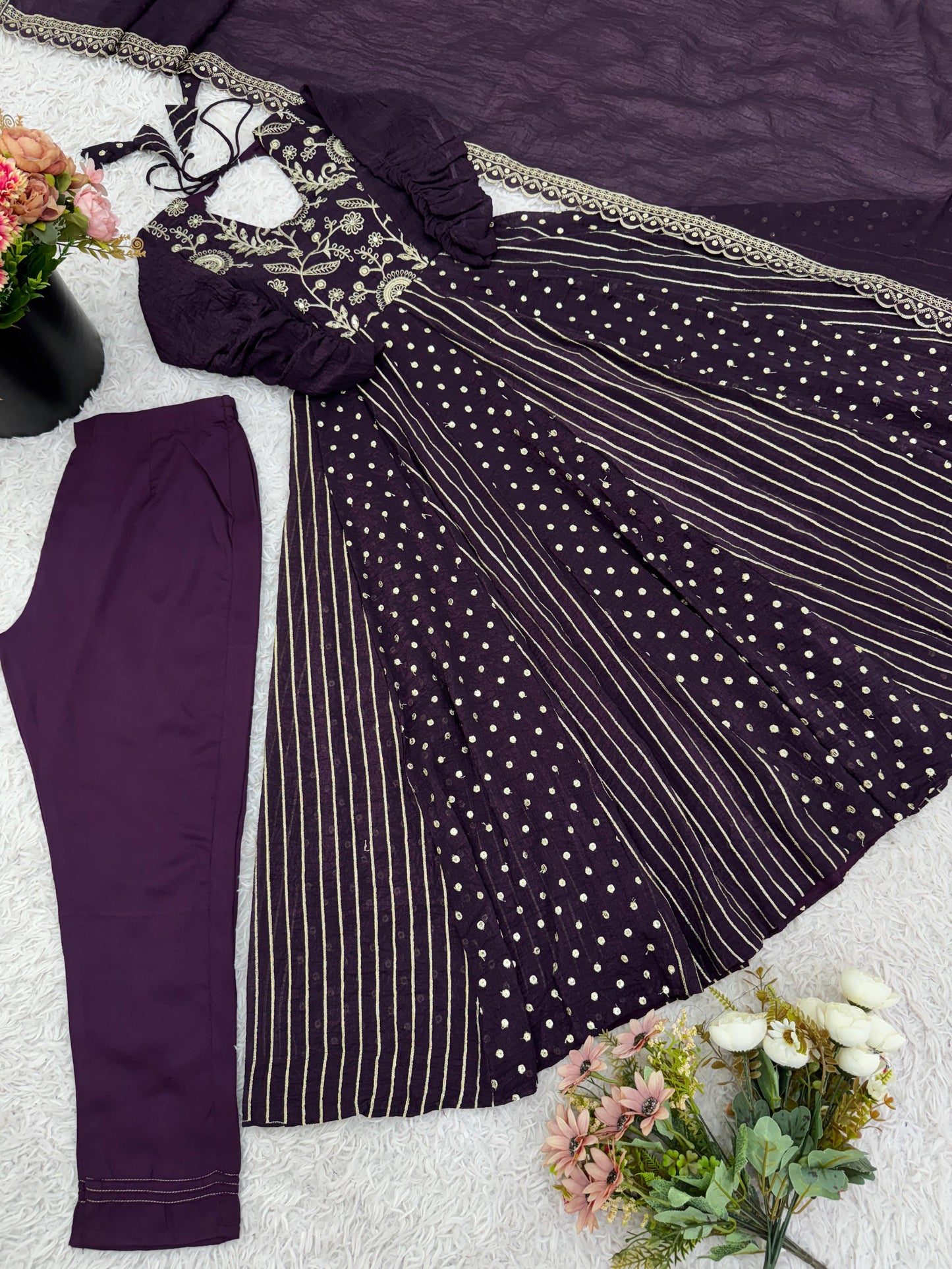 purple color anrakli gown in silk fabric with embroidery work