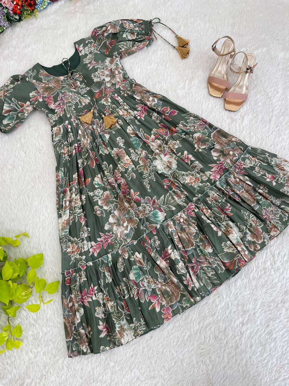 Party Wear LooK Roman Silk Mill Print With Foil Gown