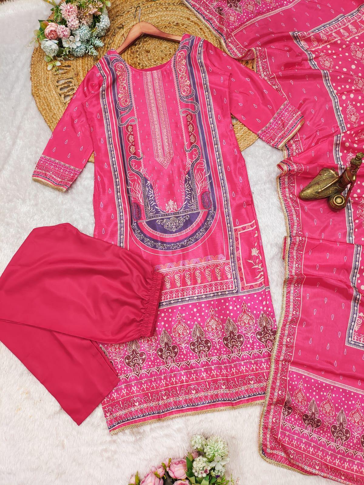 pink colour beautiful partywear dress in chinon fabric