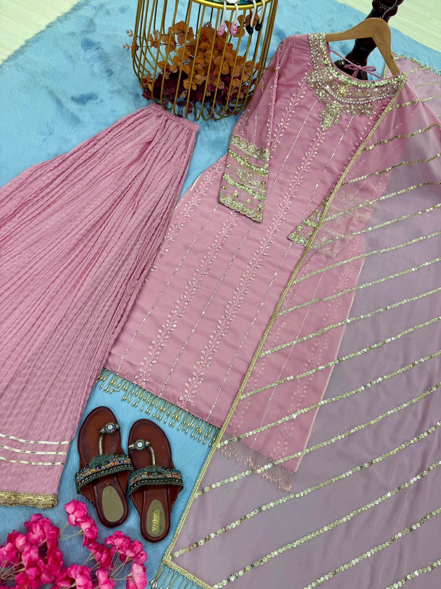 party wear look pur heavy faux georgette top plazzo & dupatta set pink