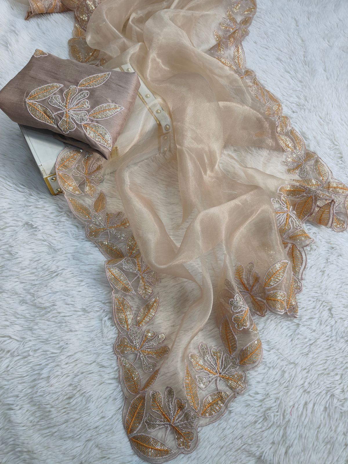 Beautiful White Cream color organza silk saree