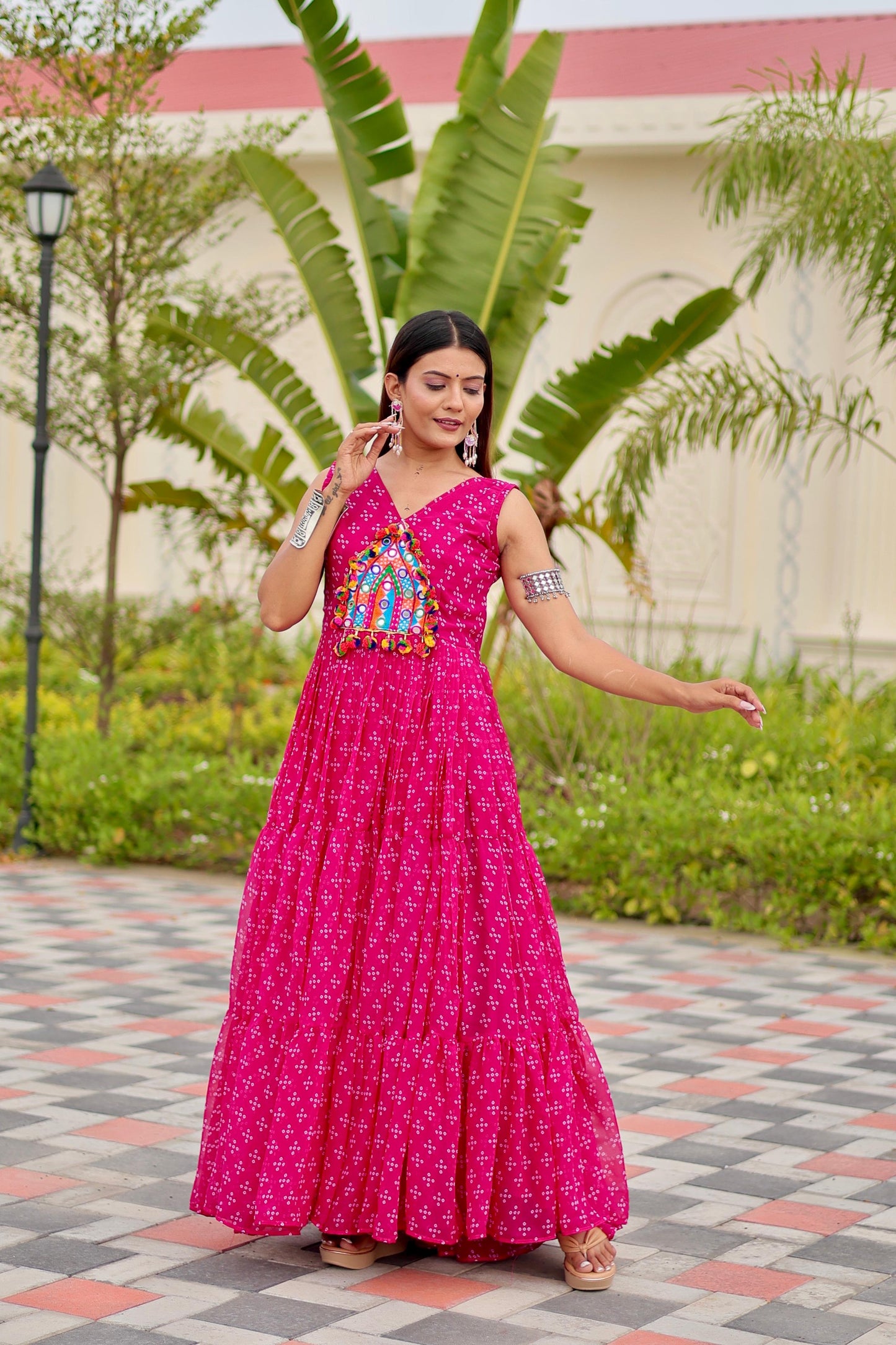 Navratri Special Gamathi Work Gown in pink color