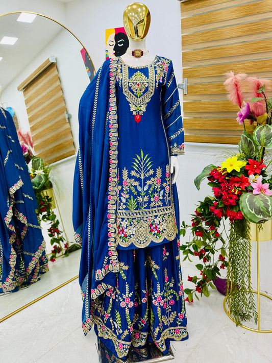 designer party sharara suit & dupatta set in blue color