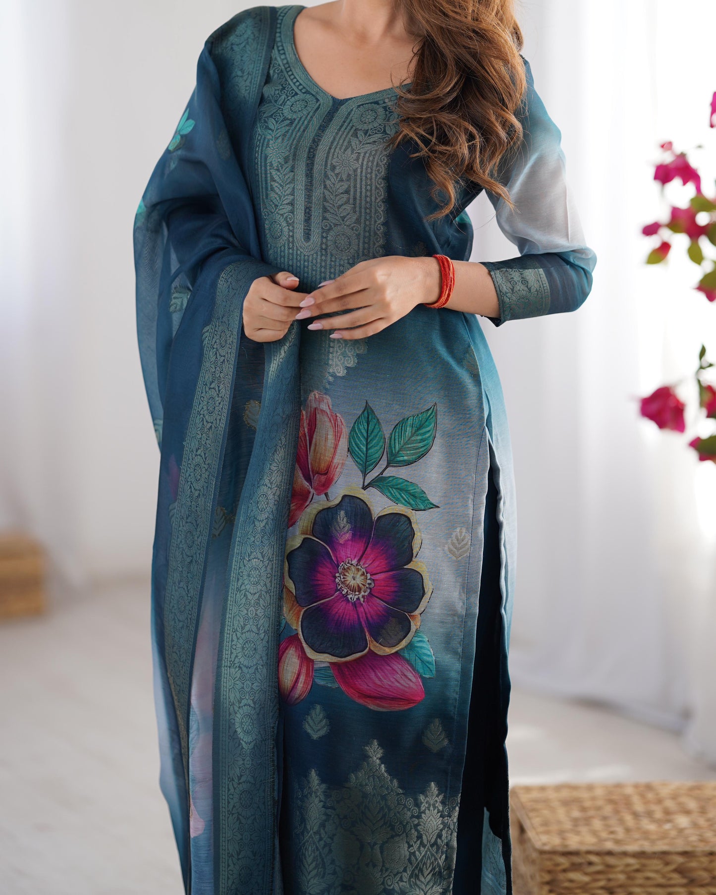 Blue Color Beautiful Chanderi Silk FAbric Dress