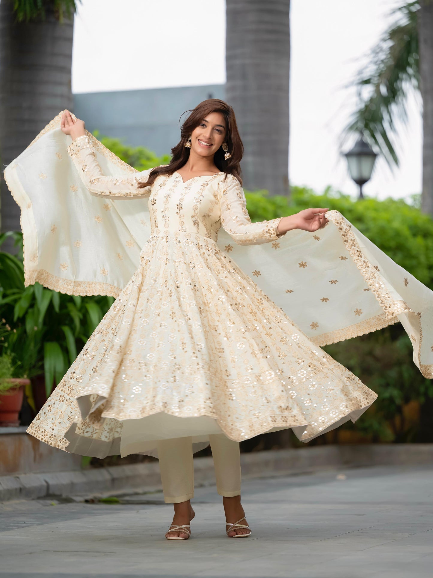 White Cream Color Beautiful Partywear Dress in Chinon Fabric