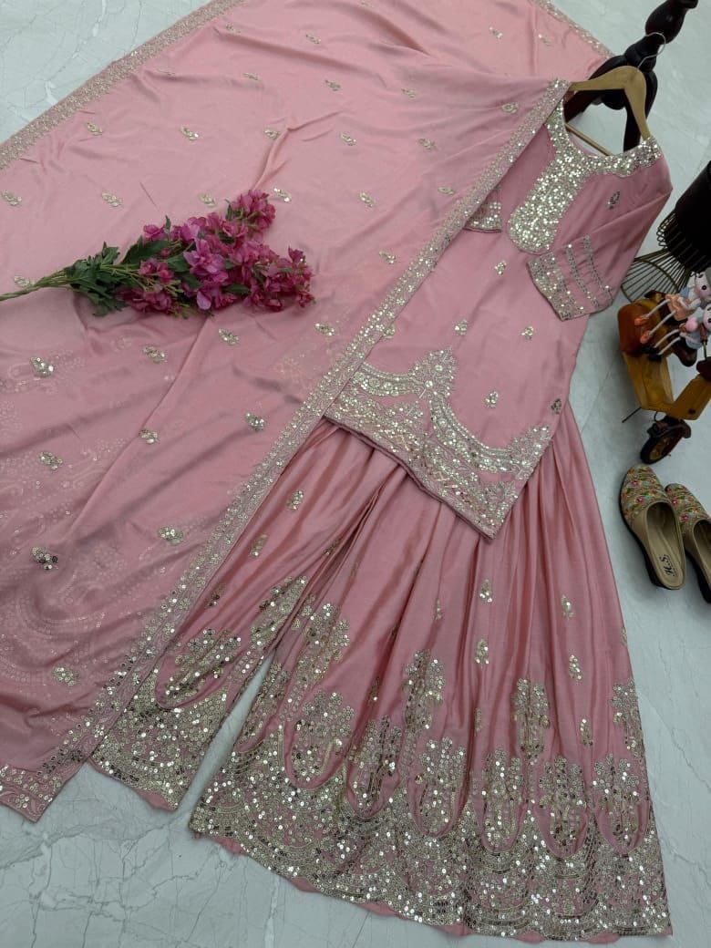 Designer Party Top Pallazo & Dupatta Set in pink color