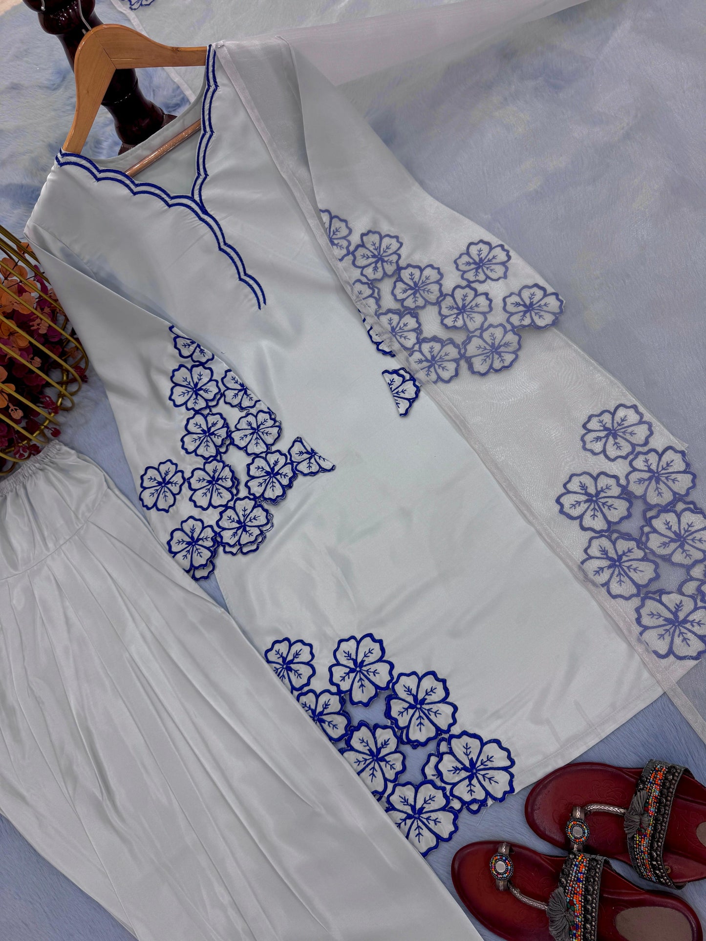 Party Wear Look Pure Natural Crepe Top & Farshi Palazzo With Dupatta Set in grey color