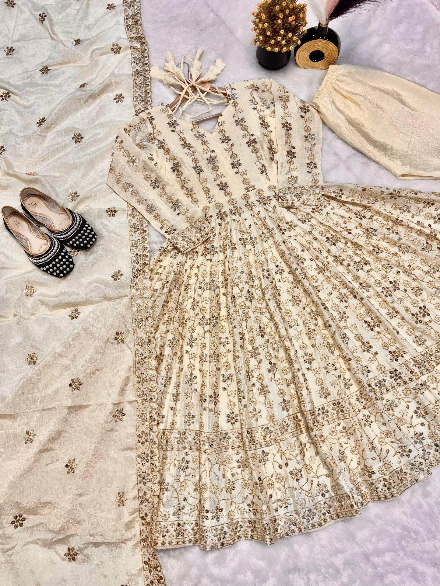 White Cream Color Beautiful Partywear Dress in Chinon Fabric
