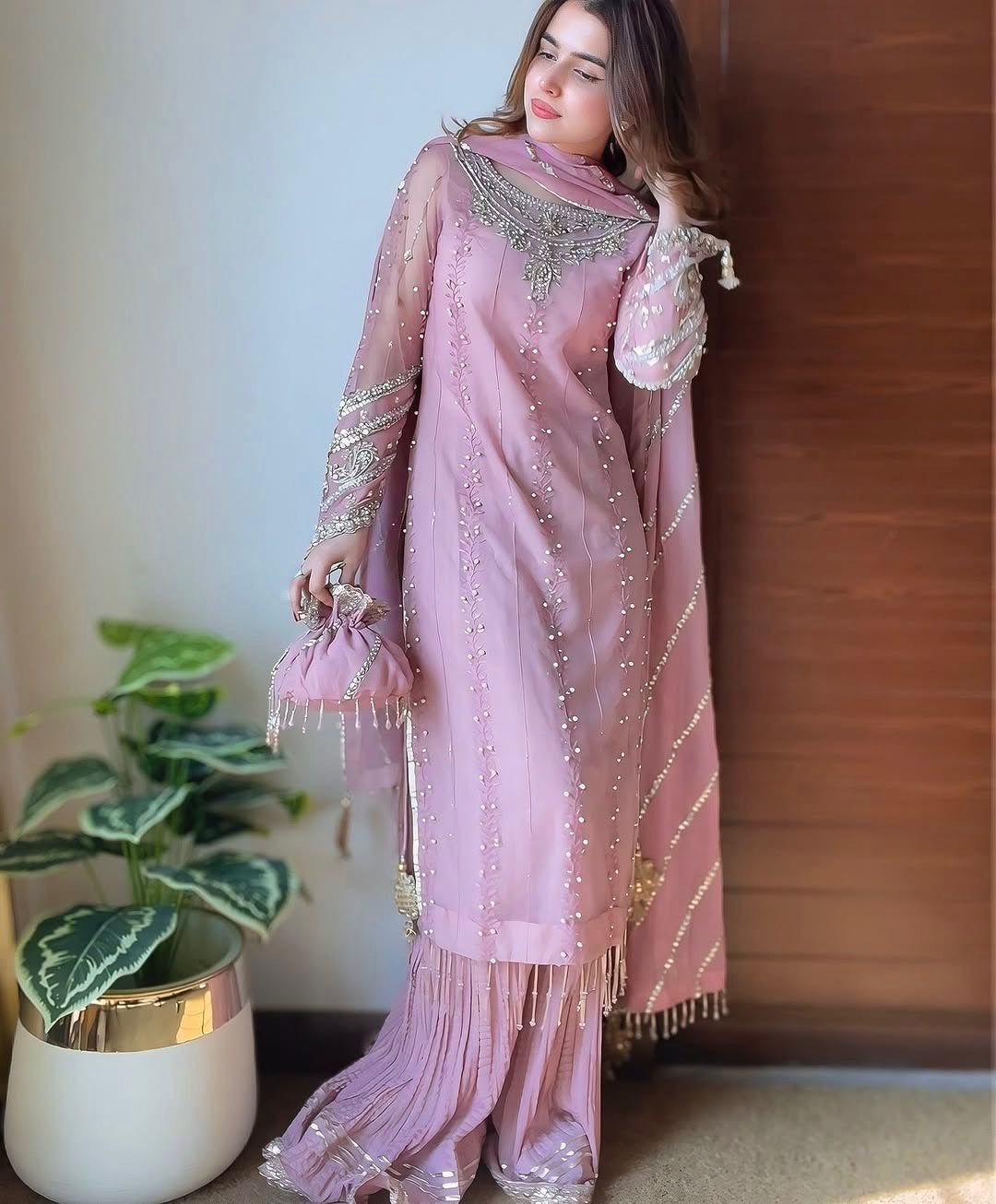 party wear look pur heavy faux georgette top plazzo & dupatta set pink