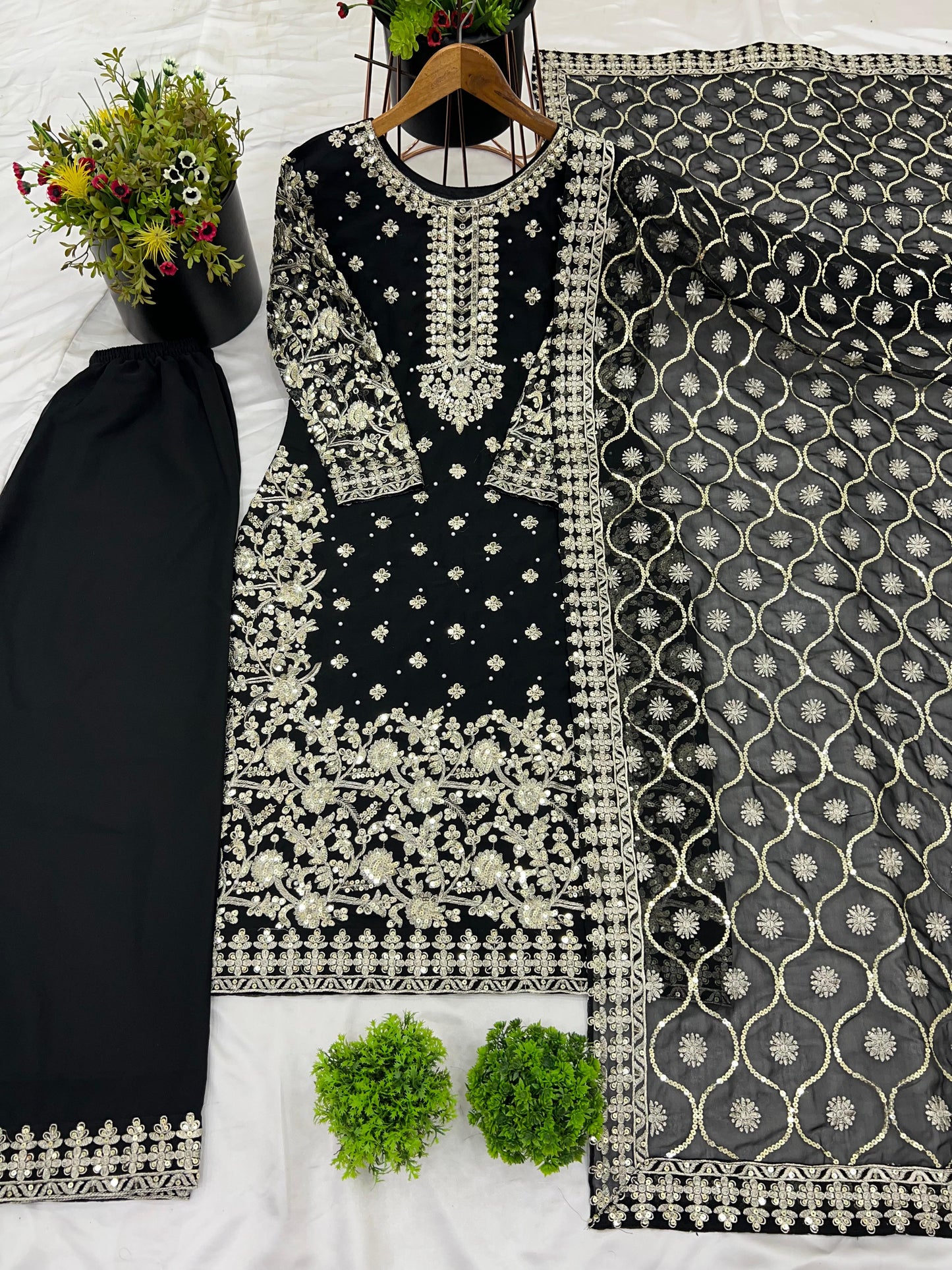Black Color party wear look top-plazzo and dupatta with heavy embroidery work