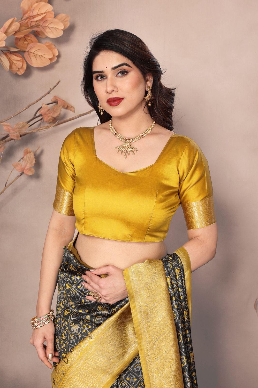 Yellow Dark Grey Color Beauitful Daily Wear Use Saree