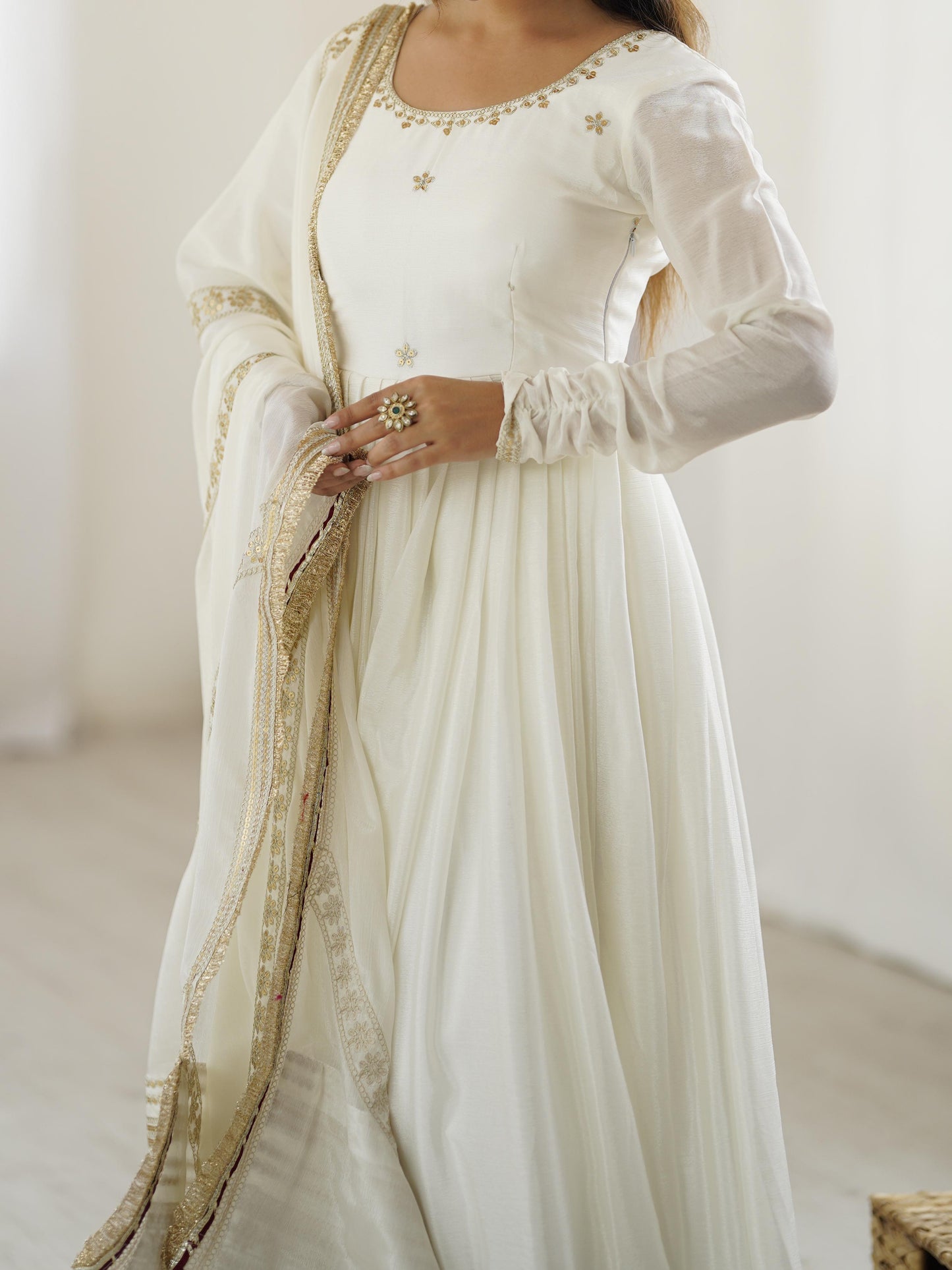 White Color Beautiful Gown in Chinon Silk Fabric