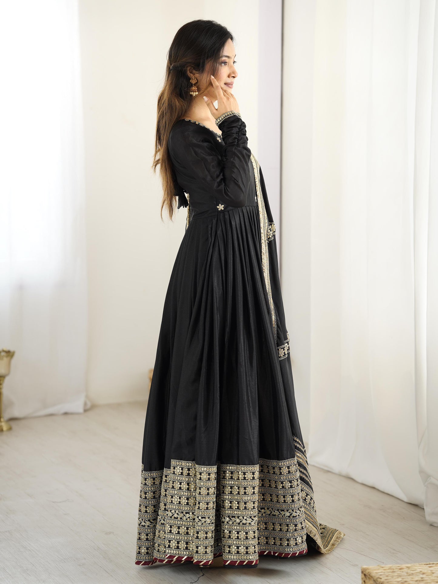 Black Color Beautiful Gown in Chinon Silk Fabric