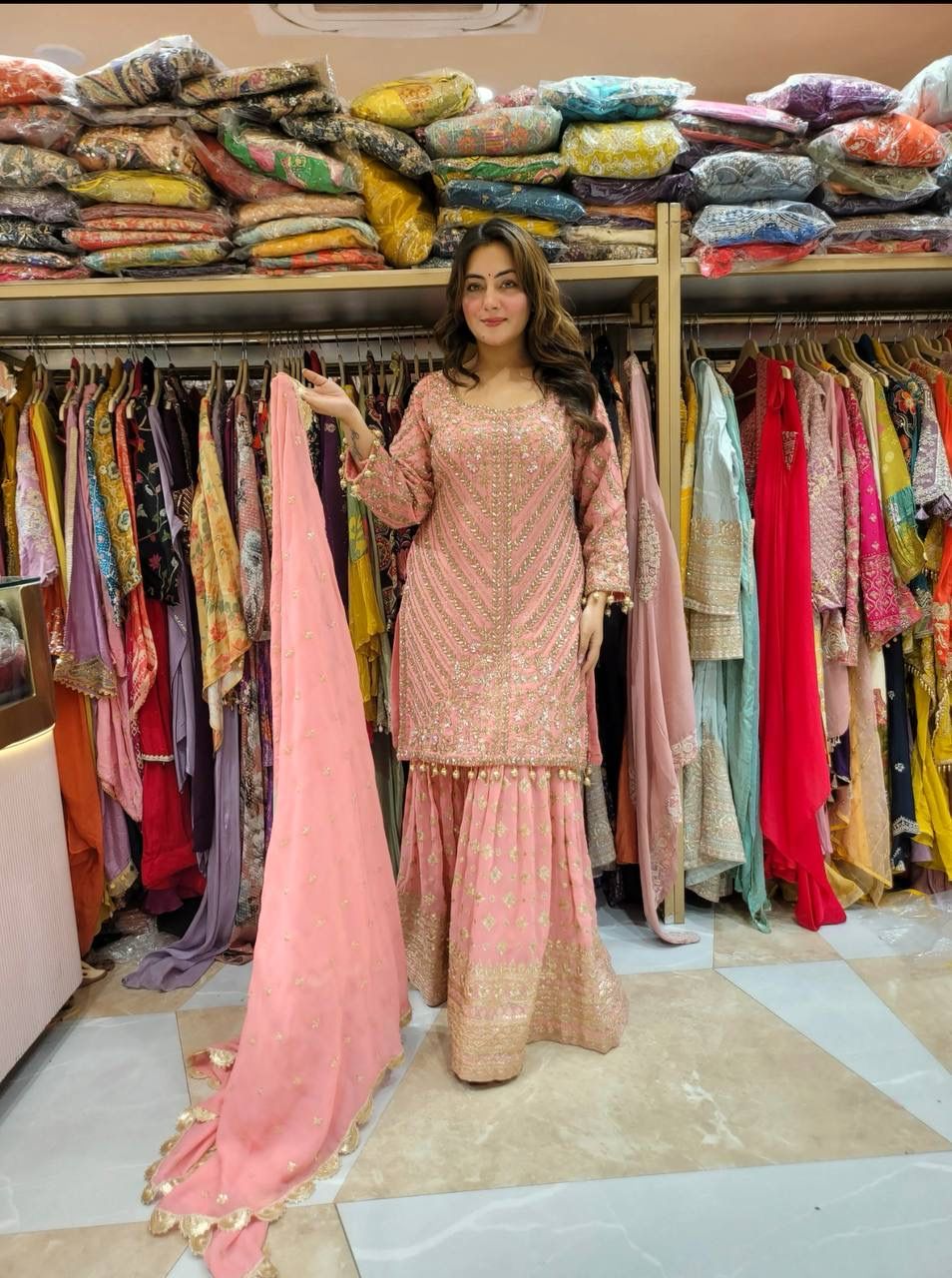 Pink Color Plazo suit in Goergette fabric