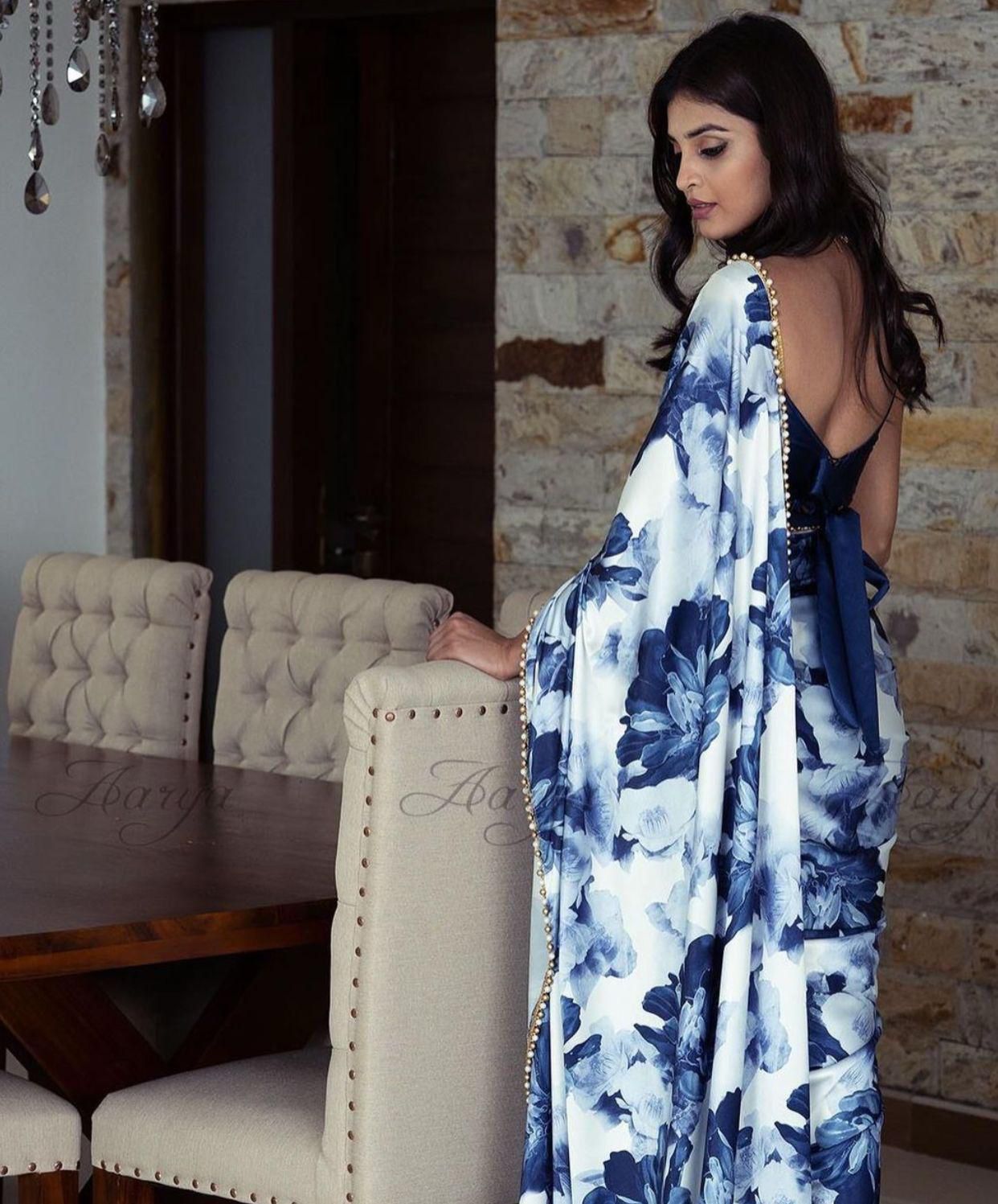Half Half Satin Saree Collection With Beautiful Flower Print in blue color