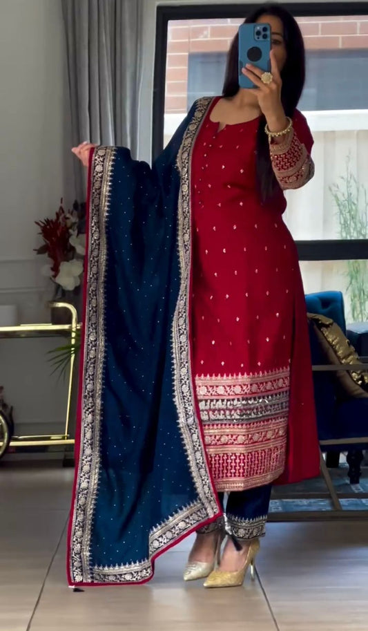 Maroon Red Blue Color Beautiful Partywear Dress in georgette fabric