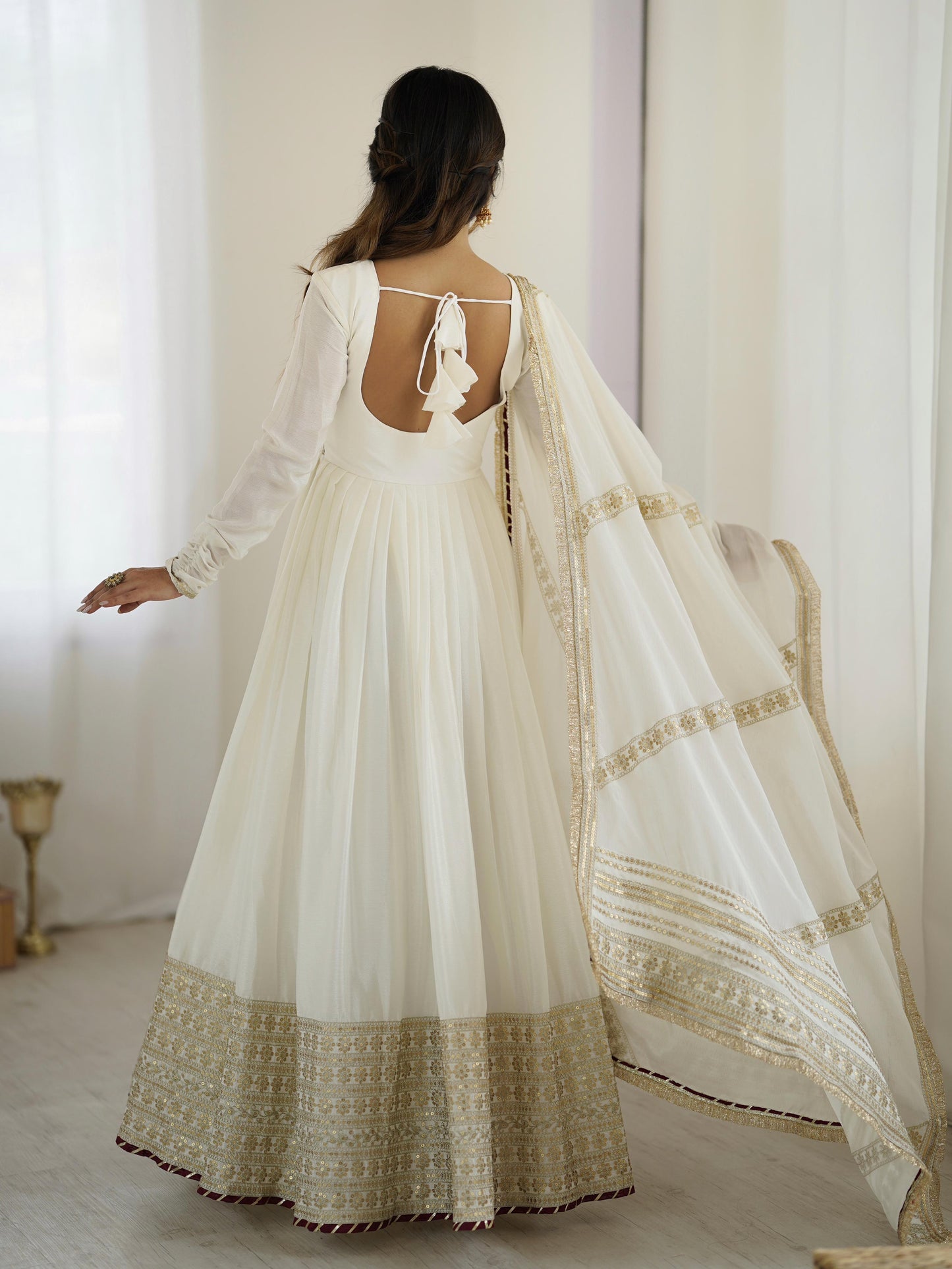White Color Beautiful Gown in Chinon Silk Fabric