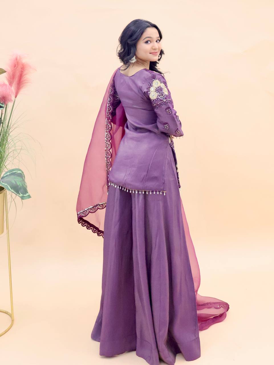 Designer Party Top Pallazo & Dupatta Set in purple color