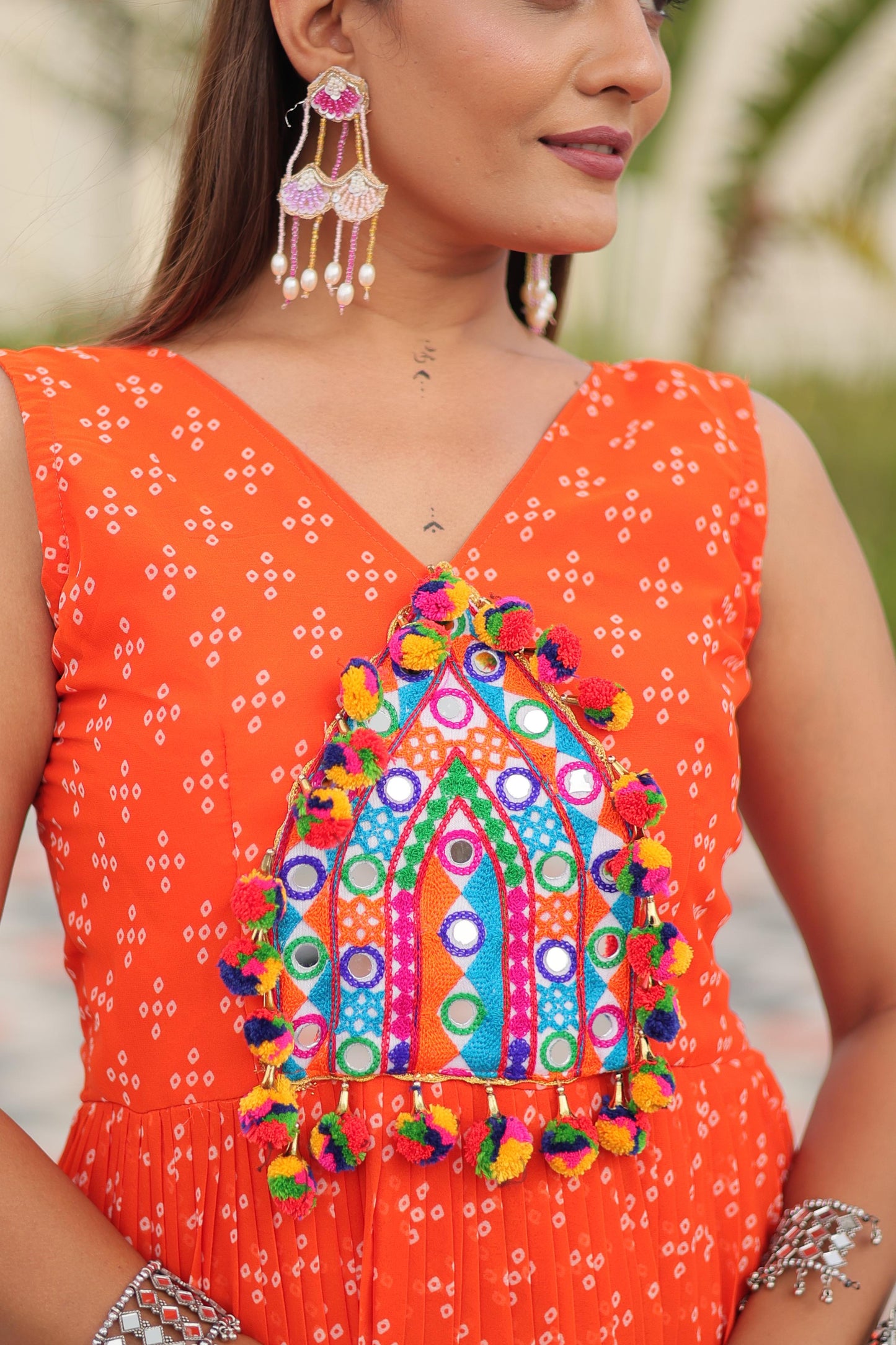 Navratri Special Gamathi Work Gown in orange color