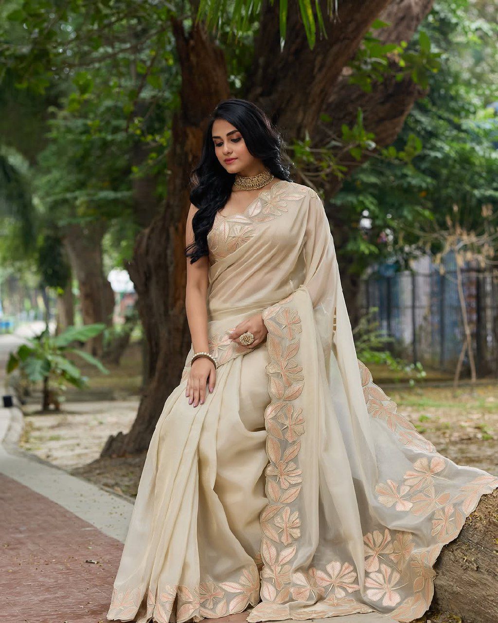 Beautiful White Cream color organza silk saree