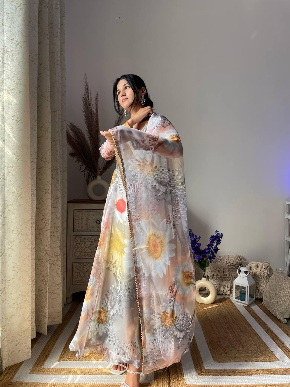 Party Wear Look Organza Taby Silk Gown With Dupatta Pant