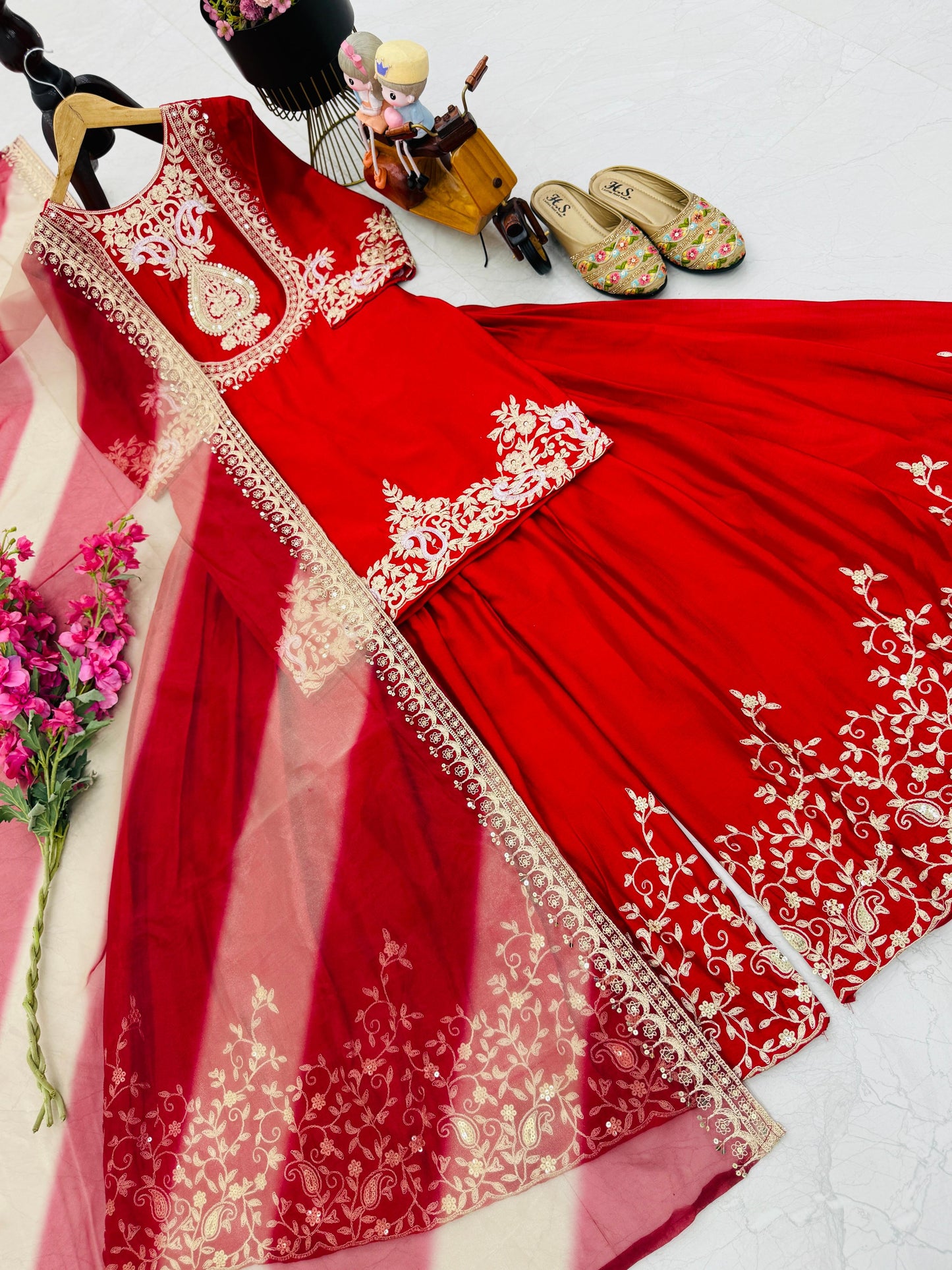Red Color Partywear Sharara Suit in chinon silk fabric