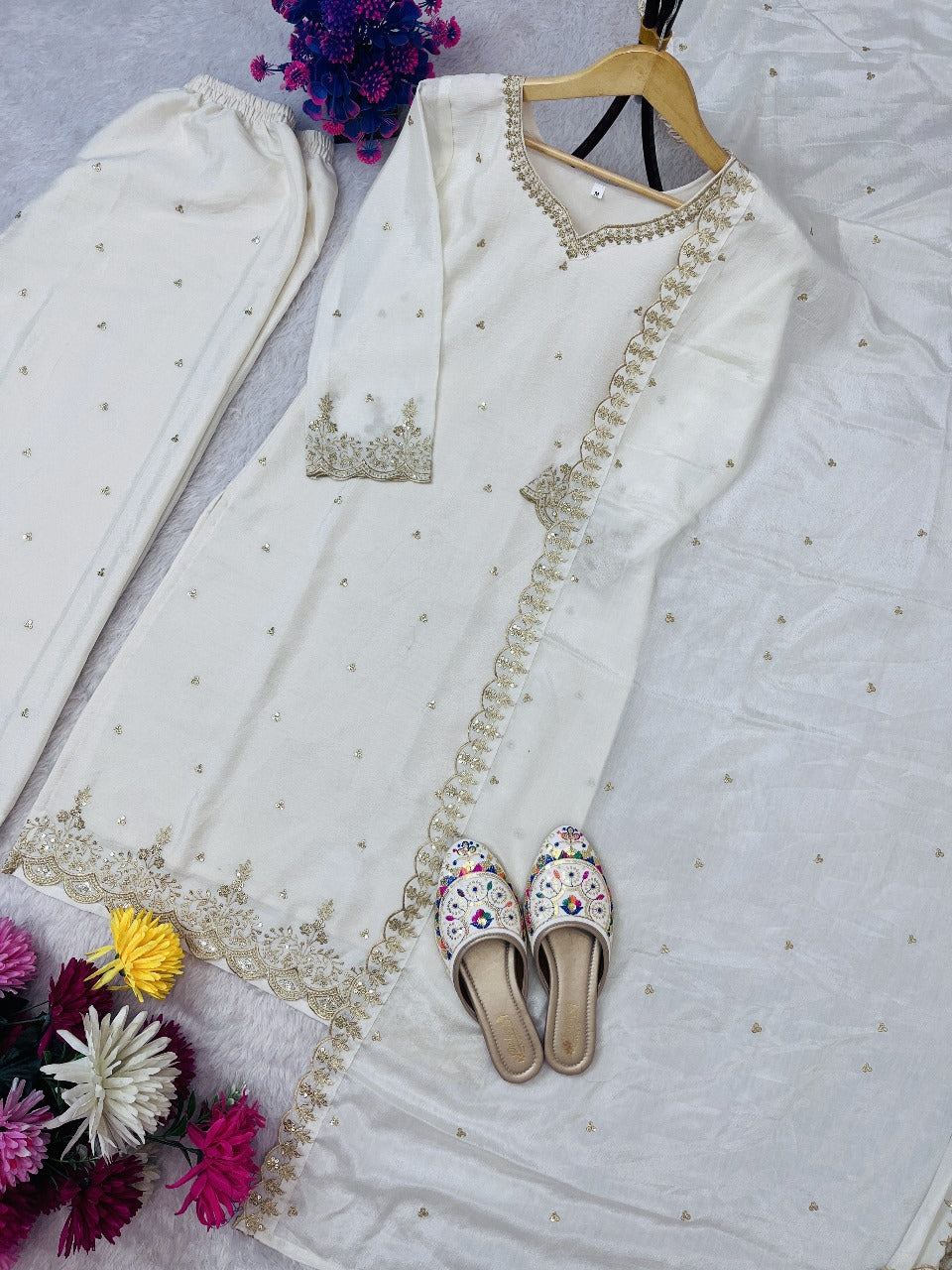 White Color Festival Wear Dress in Chinon Silk Fabric