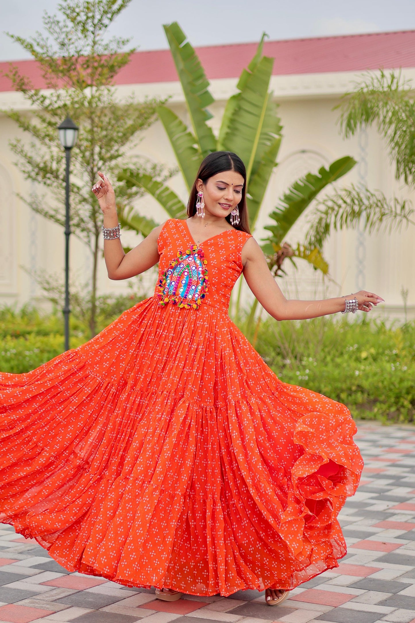 Navratri Special Gamathi Work Gown in orange color